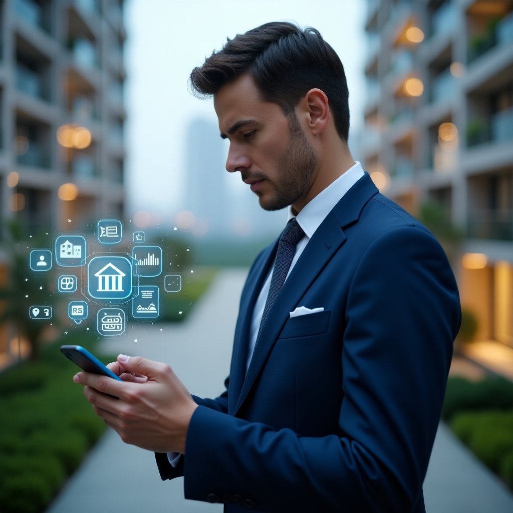 Ultra-realistic condominium manager in a navy blue suit, set in a modern luxury condominium environment with high-rise buildings and manicured green landscaping, holding a holographic smartphone interface displaying app icons and analytics, confidently interacting with digital controls, floating translucent condo app symbols surrounding them, cinematic lighting, shallow depth of field, highly detailed textures, realistic skin, photographic realism, 8k resolution --ar 1:1 --v 6