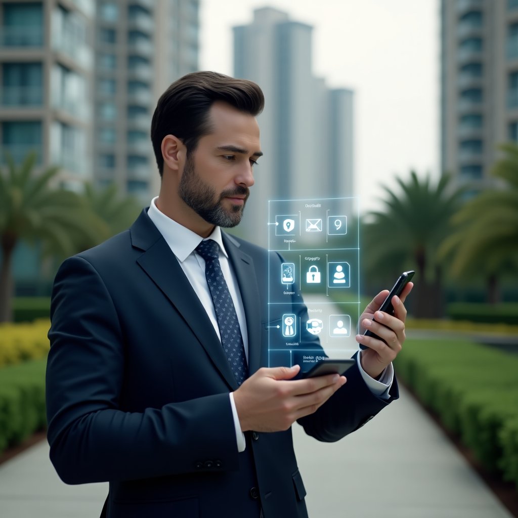 Ultra-realistic condominium manager in a tailored navy suit, set in a modern luxury condominium environment with high-rise buildings and meticulously maintained green landscaping, confidently holding a smartphone displaying a semi-transparent holographic interface with icons for communication, security, and booking, interacting with the holographic widgets, cinematic lighting, shallow depth of field, highly detailed textures, realistic skin, photographic realism, 8k resolution --ar 1:1 --v 6