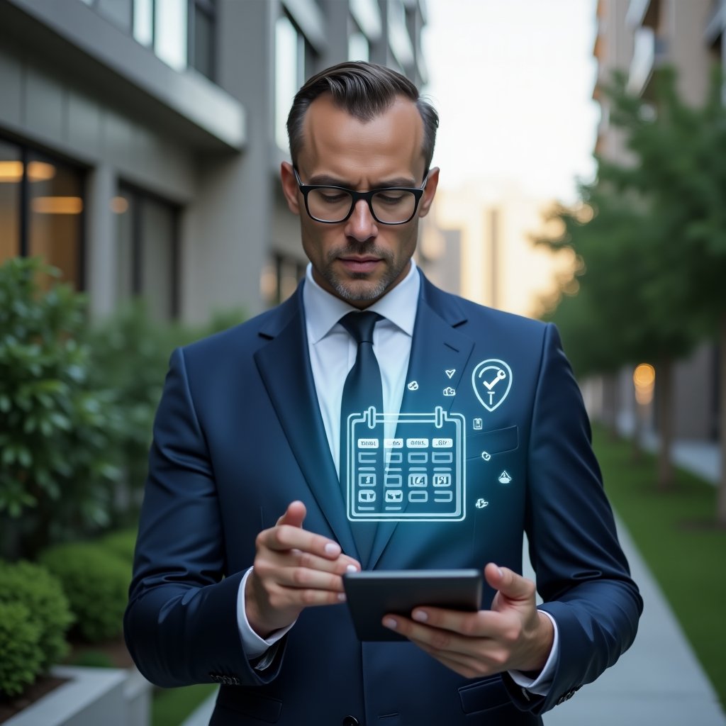 Ultra-realistic condominium manager in a tailored navy suit, set in a modern luxury condominium environment with high-rise buildings and lush green landscaping, mid-shot of them confidently reviewing a holographic maintenance calendar with floating checkmarks and wrench icons, cinematic lighting, shallow depth of field, highly detailed textures, realistic skin, photographic realism, 8k resolution --ar 1:1 --v 6
