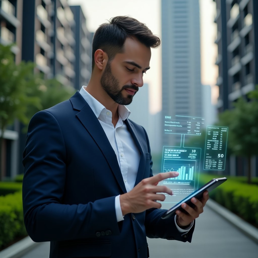 Ultra-realistic condominium manager in a navy suit, set in a modern luxury condominium environment with high-rise buildings and manicured green landscaping, reviewing holographic financial charts projected from a tablet, confident and focused expression, floating icons of spreadsheets and balance sheets around, cinematic lighting, shallow depth of field, highly detailed textures, realistic skin, photographic realism, 8k resolution --ar 1:1 --v 6