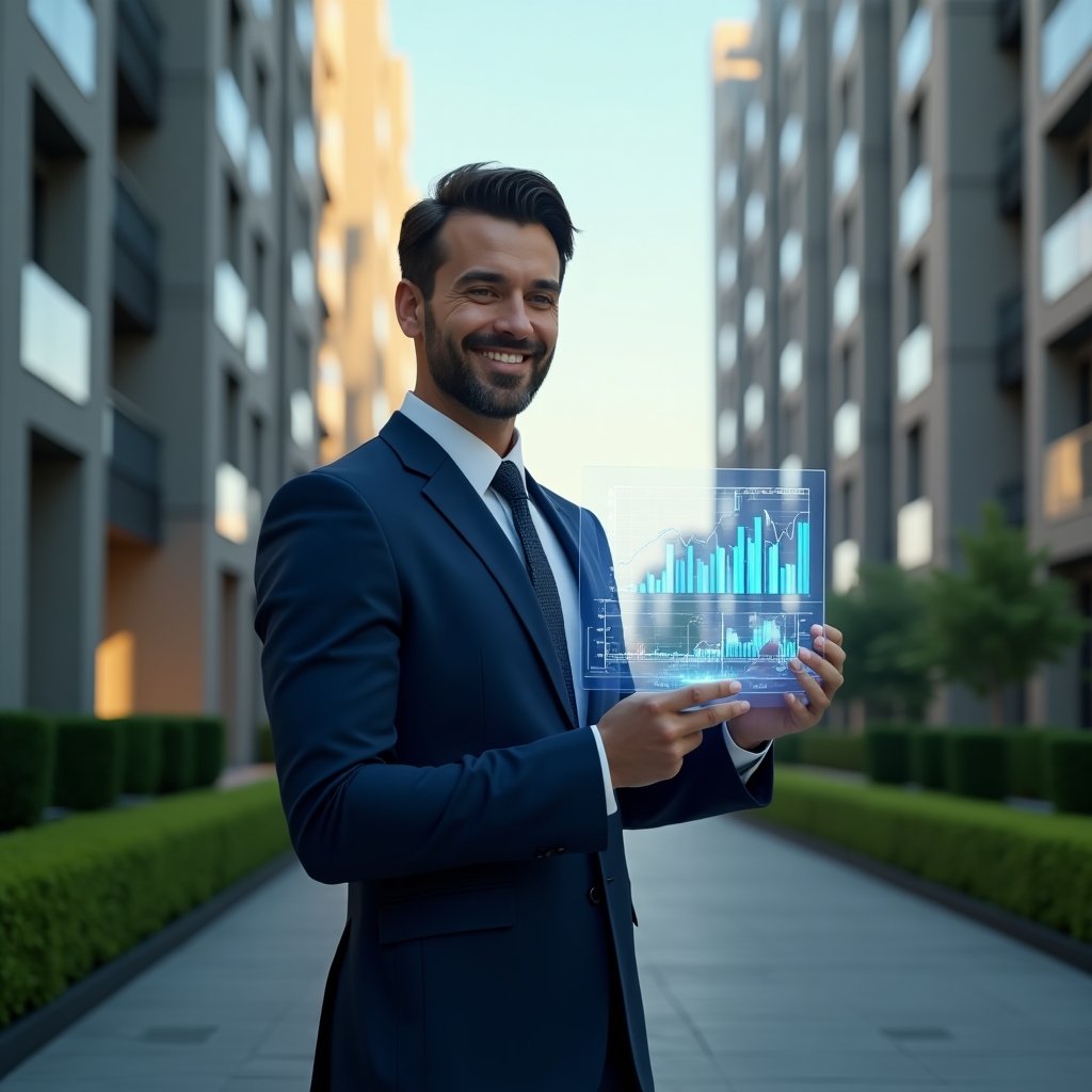 Ultra-realistic condominium manager in a navy blue suit, set in a modern luxury condominium environment with high-rise buildings and green landscaping, holding a transparent holographic financial report display and analyzing digital charts with a confident expression, cinematic lighting, shallow depth of field, highly detailed textures, realistic skin, photographic realism, 8k resolution --ar 1:1 --v 6