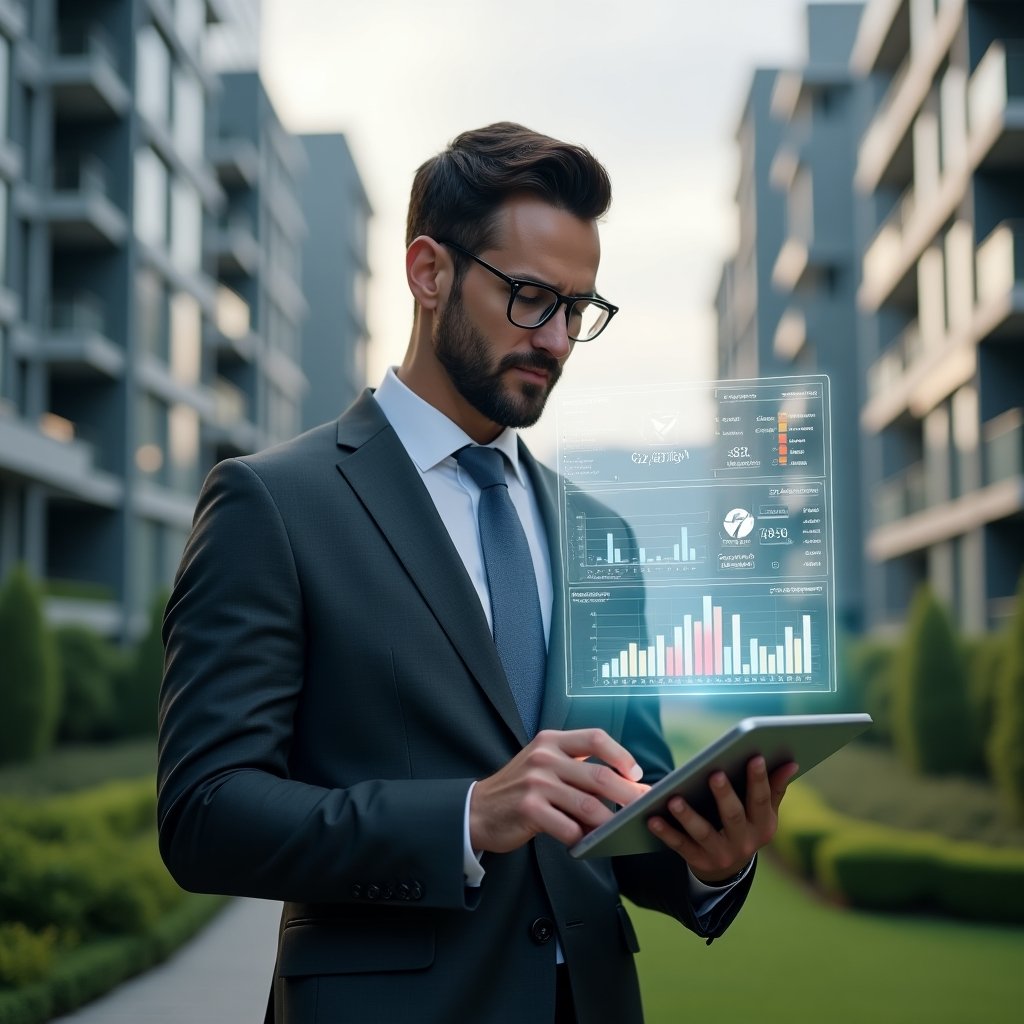 (Ultra-realistic property manager in a charcoal gray tailored suit, set in a modern luxury condominium environment with high-rise buildings and well-manicured green landscaping, mid-shot of the manager confidently reviewing a transparent holographic financial report hovering above a tablet, floating colorful charts and icons representing expenses and revenues, cinematic lighting, shallow depth of field, highly detailed textures, realistic skin, photographic realism, 8k resolution --ar 1:1 --v 6)
