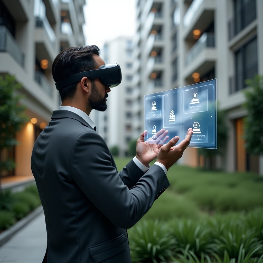 Ultra-realistic condominium manager in a charcoal gray suit, set in a modern luxury condominium environment with high-rise buildings and manicured green landscaping, examining a holographic interface displaying six alert icons and system upgrade symbols, thoughtful expression, cinematic lighting, shallow depth of field, highly detailed textures, realistic skin, photographic realism, 8k resolution --ar 1:1 --v 6