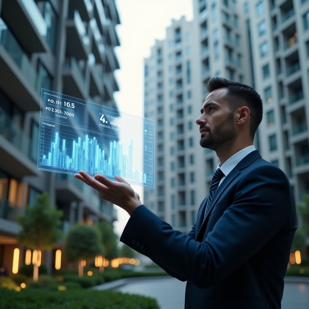 (Ultra-realistic condominium manager in a tailored navy suit, set in a modern luxury condominium environment with high-rise buildings and manicured greenery, reviewing a floating holographic financial dashboard showing descending cost graphs and currency icons, confident and focused expression, cinematic lighting, shallow depth of field, highly detailed textures, realistic skin, photographic realism, 8k resolution --ar 1:1 --v 6)