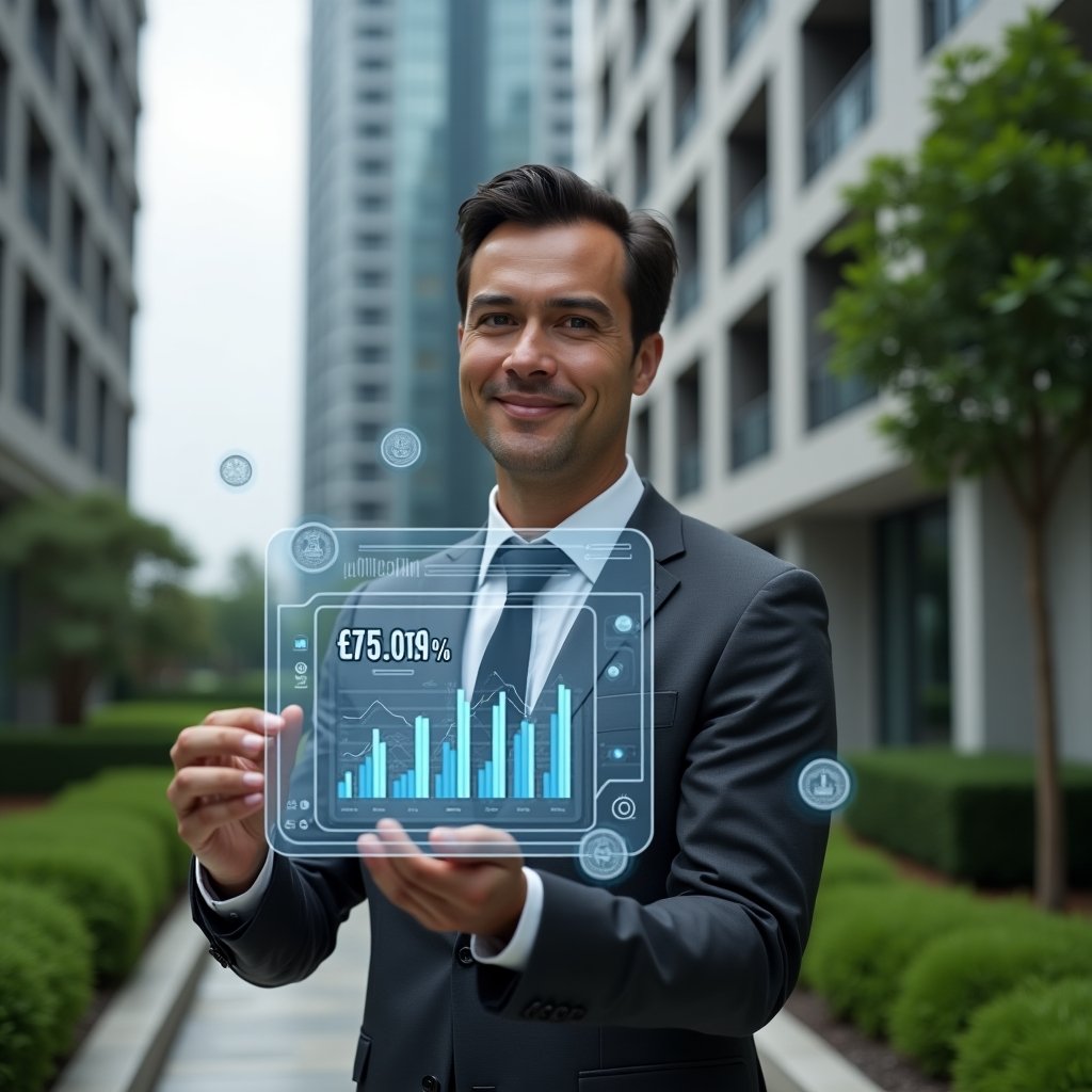 Ultra-realistic condominium manager in a charcoal gray suit, set in a modern luxury condominium environment with high-rise buildings and manicured green gardens, holding a transparent holographic financial dashboard displaying cost-cutting metrics, analyzing data with a confident expression, floating icons of coins and charts around, cinematic lighting, shallow depth of field, highly detailed textures, realistic skin, photographic realism, 8k resolution --ar 1:1 --v 6