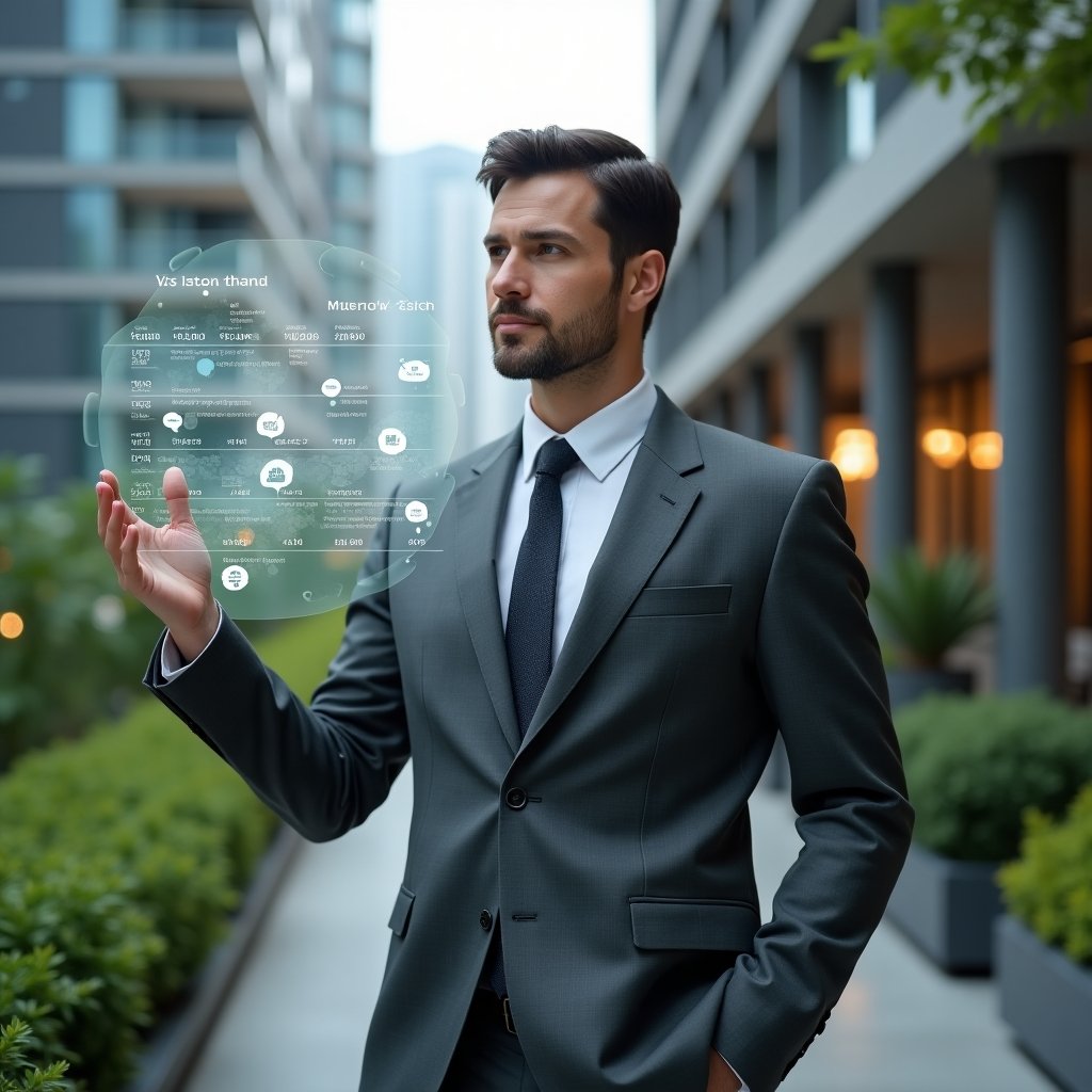 Ultra-realistic condominium manager in a charcoal gray tailored suit, set in a modern luxury condominium environment with high-rise buildings and lush green landscaping, confidently interacting with a floating holographic maintenance schedule showing timelines and responsibility icons, cinematic lighting, shallow depth of field, highly detailed textures, realistic skin, photographic realism, 8k resolution --ar 1:1 --v 6