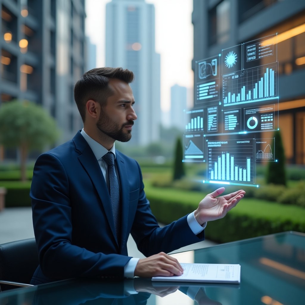 (Ultra-realistic condominium manager in a tailored navy blue suit, set in a modern luxury condominium environment with high-rise buildings and manicured green landscaping, standing at a glass desk reviewing a floating holographic financial report with charts and tables, confident and focused expression, holographic icons of graphs and spreadsheets swirling around, cinematic lighting, shallow depth of field, highly detailed textures, realistic skin, photographic realism, 8k resolution --ar 1:1 --v 6)