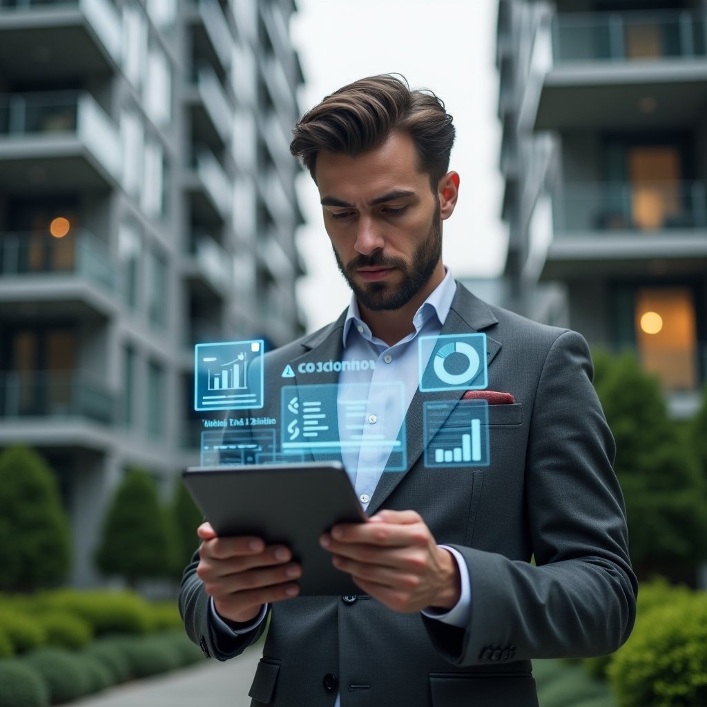 (Ultra-realistic condominium manager in a tailored gray suit, set in a modern luxury condominium environment with high-rise buildings and manicured green landscaping, reviewing a digital tablet displaying highlighted financial reports and warning icons, serious and focused expression, holographic ledgers and pie chart symbols floating around, cinematic lighting, shallow depth of field, highly detailed textures, realistic skin, photographic realism, 8k resolution --ar 1:1 --v 6)