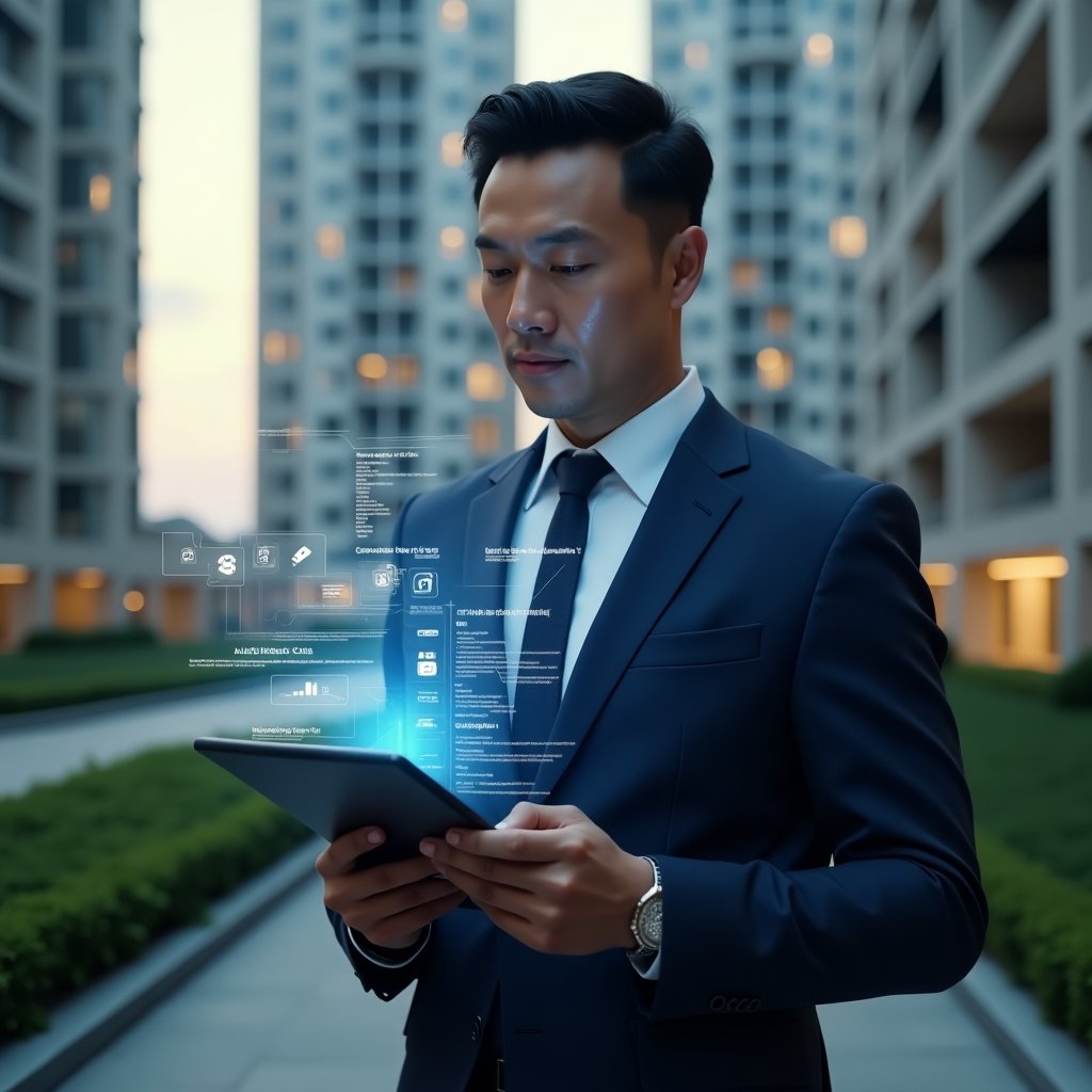 Ultra-realistic condominium manager in a navy blue suit, set in a modern luxury condominium environment with high-rise buildings and green landscaping, medium shot focusing on the manager analyzing a holographic condominium management app interface projected from a tablet, floating error icons and warning symbols surrounding the display, confident and thoughtful expression, cinematic lighting, shallow depth of field, highly detailed textures, realistic skin, photographic realism, 8k resolution --ar 1:1 --v 6