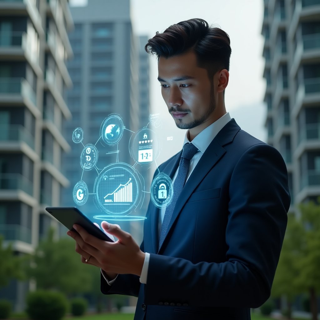 (Ultra-realistic condominium manager in a tailored navy suit, set in a modern luxury condominium environment with high-rise buildings and meticulously maintained green landscaping, holding a tablet that projects holographic icons of financial charts, reservation calendars, messaging notifications and access control symbols, analyzing the interface with a confident, focused expression, cinematic lighting, shallow depth of field, highly detailed textures, realistic skin, photographic realism, 8k resolution --ar 1:1 --v 6)