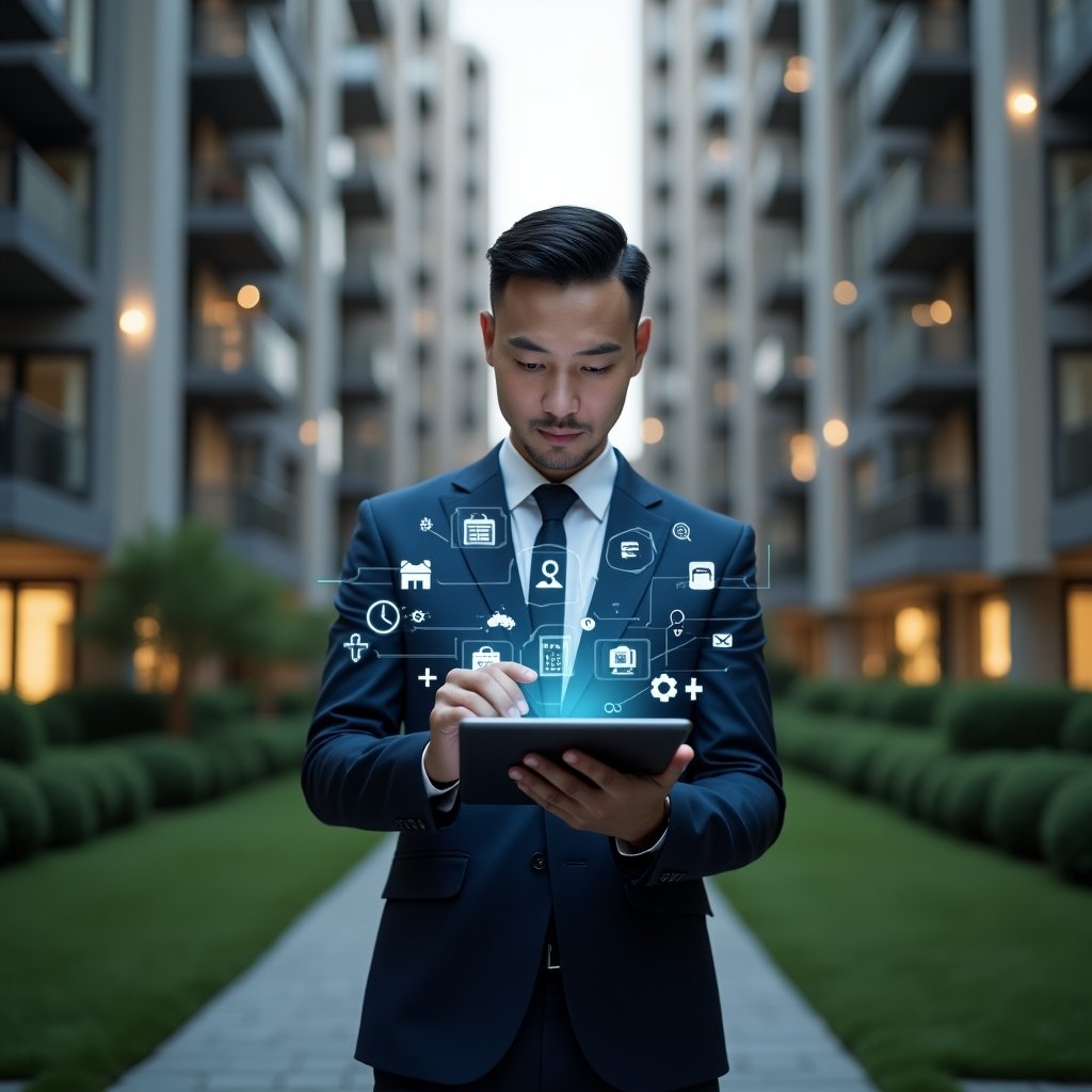 Ultra-realistic condominium manager in a tailored navy suit, set in a modern luxury condominium environment with high-rise buildings and manicured green landscaping, holding a tablet displaying a holographic interface of seven app icons, confidently analyzing the digital dashboard, surrounded by subtle floating symbols of finance, security, chat bubbles and calendar, cinematic lighting, shallow depth of field, highly detailed textures, realistic skin, photographic realism, 8k resolution --ar 1:1 --v 6