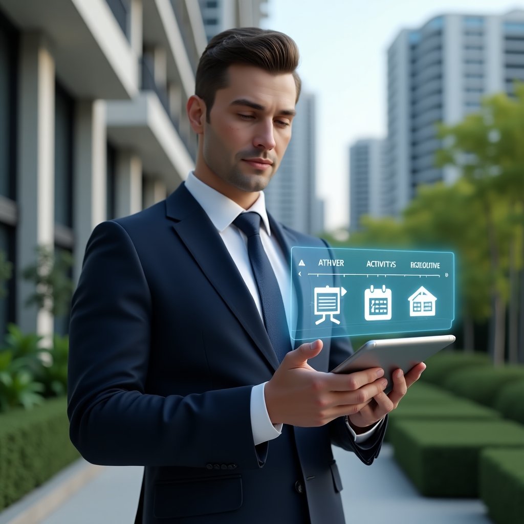 (Ultra-realistic condominium manager in a tailored navy suit, set in a modern luxury condominium environment with high-rise buildings and lush green landscaping, medium shot focused on the manager holding a digital tablet displaying a holographic activity schedule timeline, confident and focused expression, floating 3D calendar and checklist icons beside them, cinematic lighting, shallow depth of field, highly detailed textures, realistic skin, photographic realism, 8k resolution --ar 1:1 --v 6)