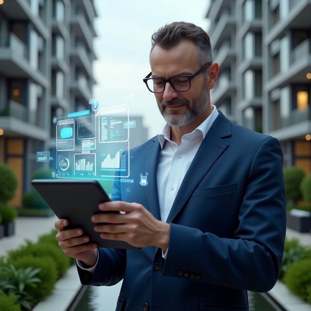 Ultra-realistic condominium manager in a navy blue suit, set in a modern luxury condominium environment with high-rise buildings and lush green landscaping, holding a digital tablet displaying holographic charts and communication icons, confidently reviewing an integrated management dashboard, floating calendar and chat bubble holograms symbolizing streamlined processes, cinematic lighting, shallow depth of field, highly detailed textures, realistic skin, photographic realism, 8k resolution --ar 1:1 --v 6