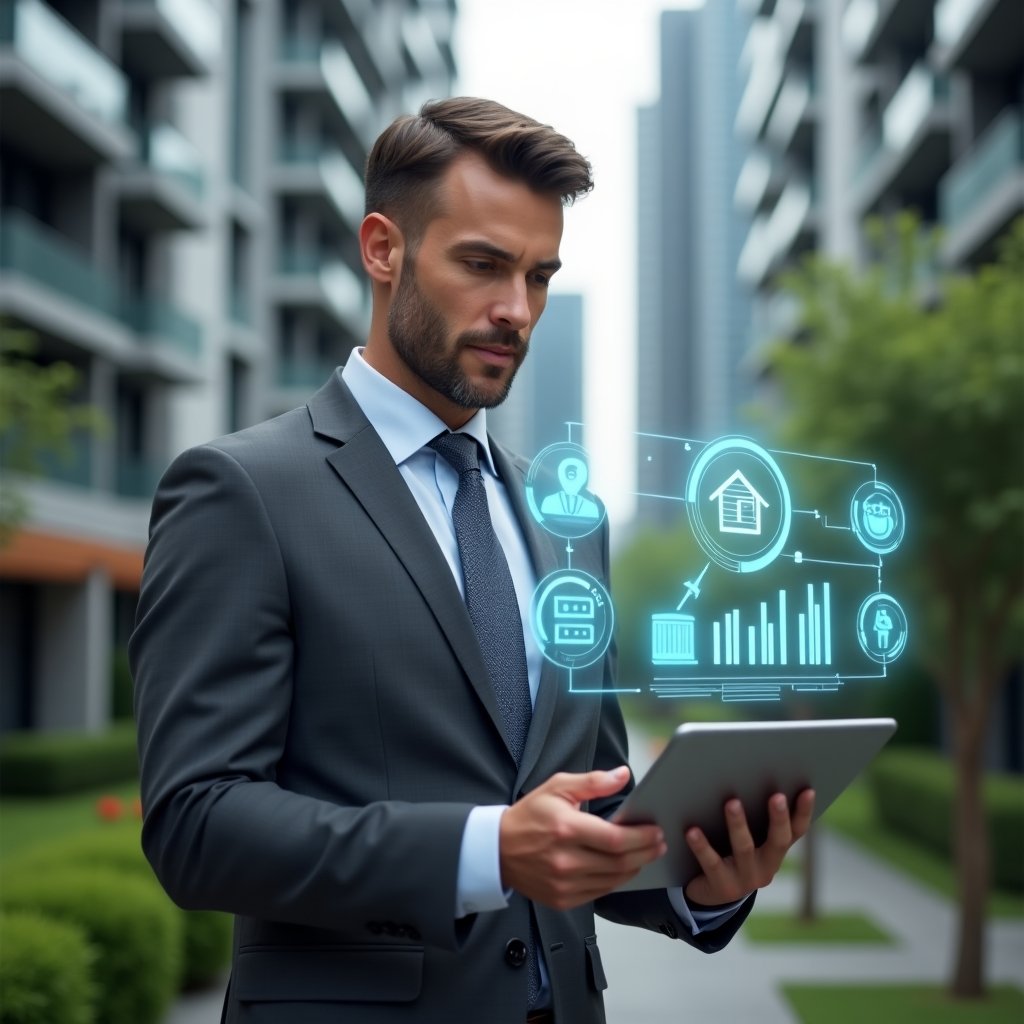 (Ultra-realistic property manager in a charcoal gray executive suit, set in a modern luxury condominium environment with high-rise buildings and manicured greenery, holding a digital tablet and interacting with a floating holographic interface displaying financial charts and communication icons, confident and focused expression, cinematic lighting, shallow depth of field, highly detailed textures, realistic skin, photographic realism, 8k resolution --ar 1:1 --v 6)