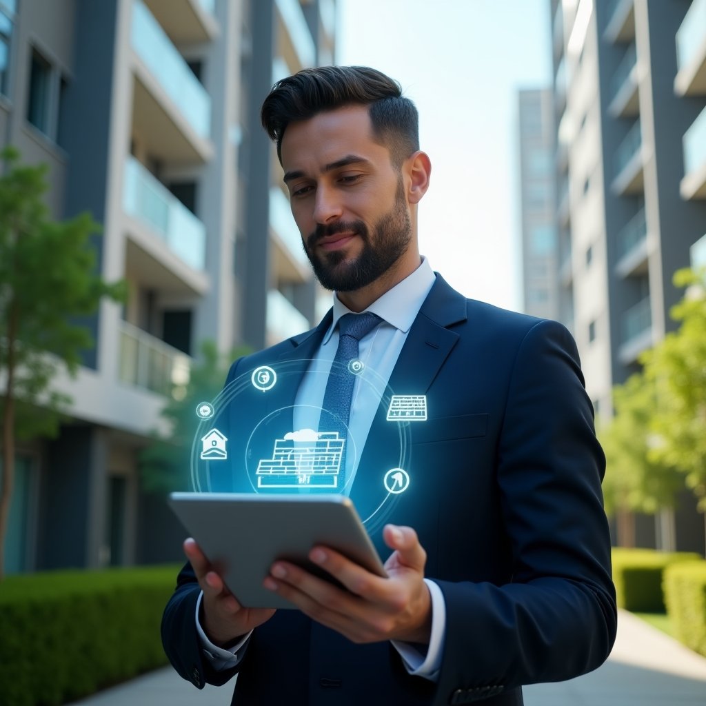 Ultra-realistic condominium manager in a navy business suit, set in a modern luxury condominium environment with high-rise buildings and well-manicured green landscaping, holding a tablet projecting holographic icons of IoT sensors, solar panels and community engagement charts, confident and focused expression, cinematic lighting, shallow depth of field, highly detailed textures, realistic skin, photographic realism, 8k resolution --ar 1:1 --v 6
