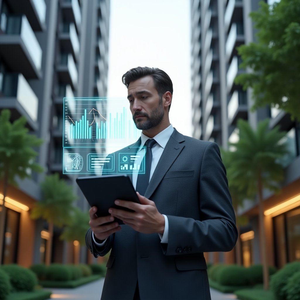 (Ultra-realistic condominium manager in a dark gray tailored suit, set in a modern luxury condominium environment with high-rise buildings and manicured green landscaping, holding a tablet displaying holographic financial charts and reports, confidently analyzing transparent data projections floating in the air, cinematic lighting, shallow depth of field, highly detailed textures, realistic skin, photographic realism, 8k resolution --ar 1:1 --v 6)