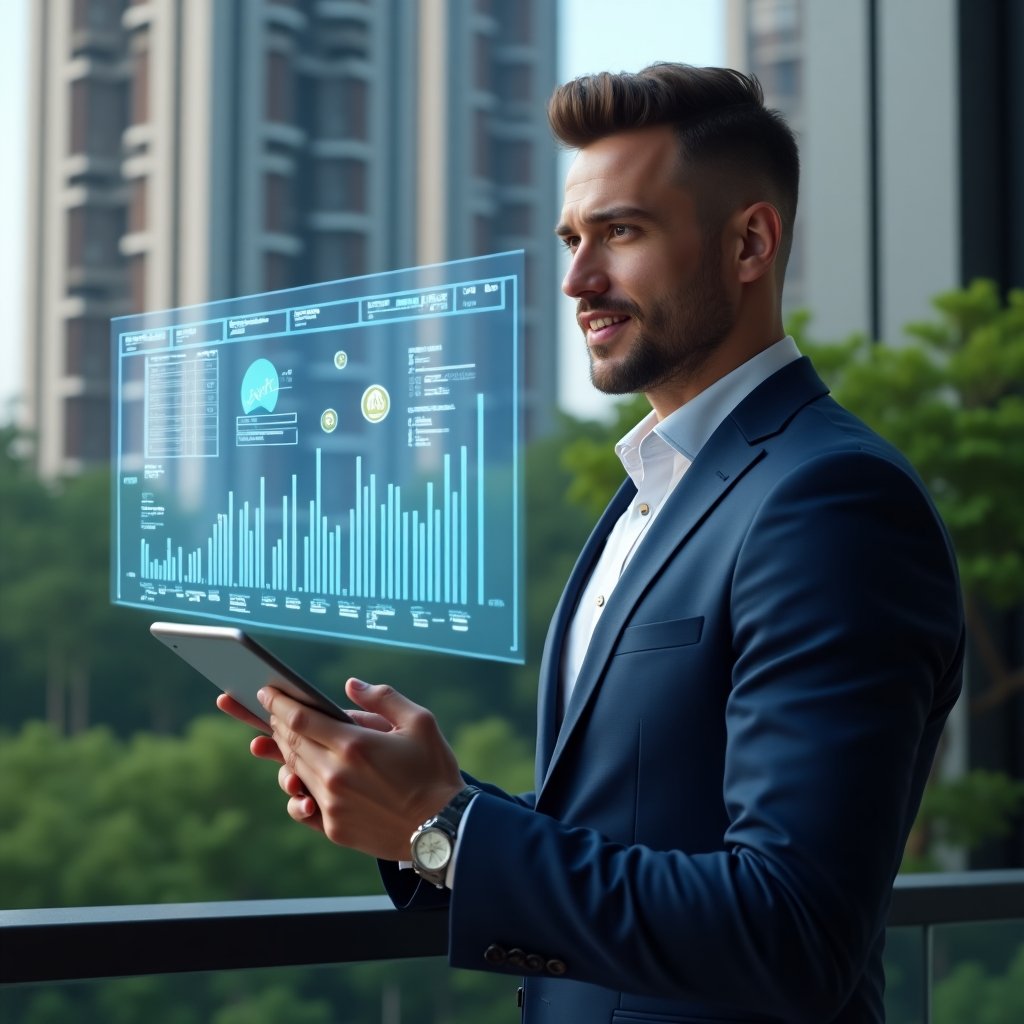 Ultra-realistic condominium manager in a navy blue suit, set in a modern luxury condominium environment with high-rise buildings and green landscaping, viewing a transparent holographic expense dashboard projected from a tablet, holographic budget charts and coin icons floating around, confident and focused expression, cinematic lighting, shallow depth of field, highly detailed textures, realistic skin, photographic realism, 8k resolution --ar 1:1 --v 6
