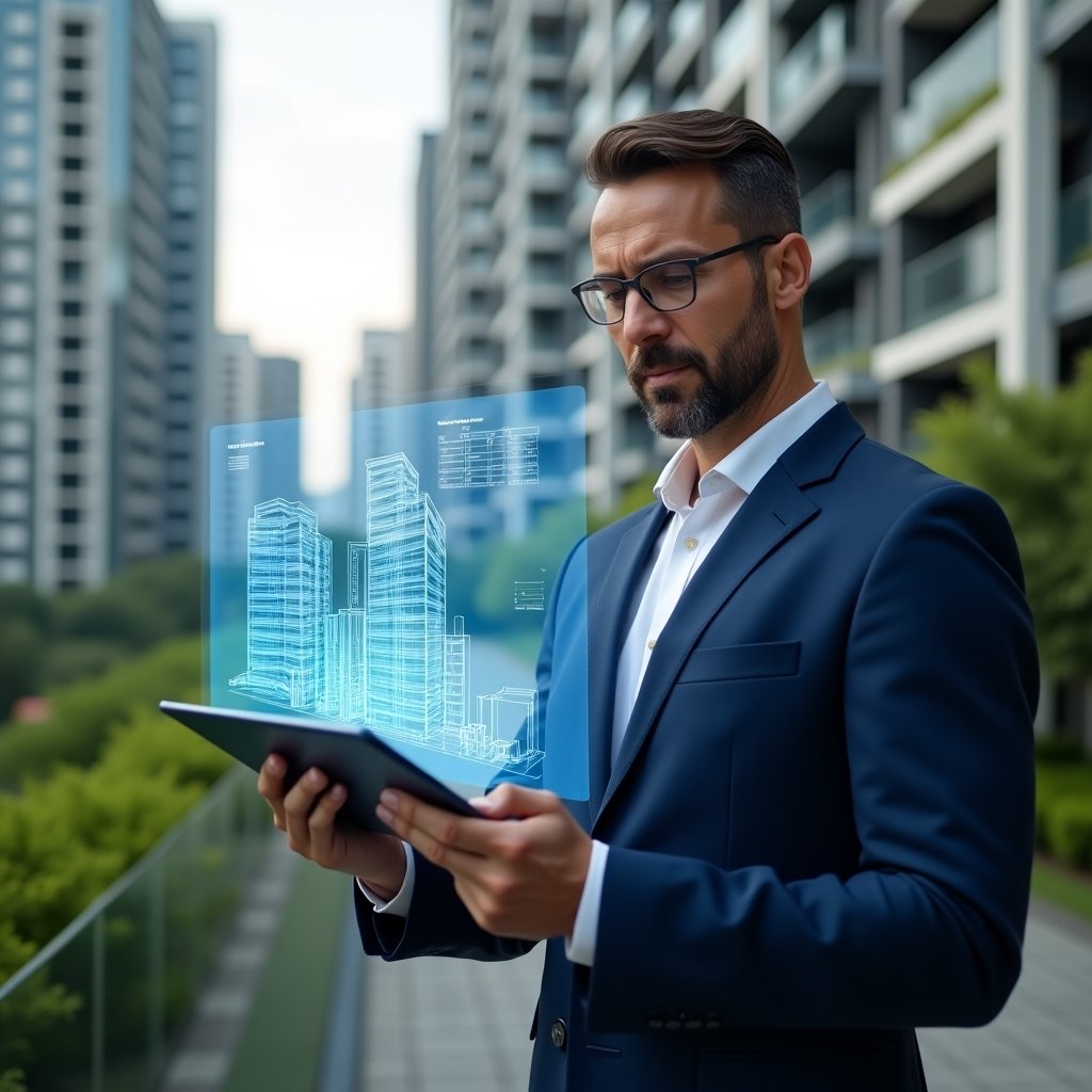 (Ultra-realistic condominium manager in a navy blue suit, set in a modern luxury condominium environment with high-rise buildings and lush green landscaping, standing confidently while reviewing a holographic financial chart and building blueprint projected from a tablet, symbolizing cost reduction and transparency, cinematic lighting, shallow depth of field, highly detailed textures, realistic skin, photographic realism, 8k resolution --ar 1:1 --v 6)