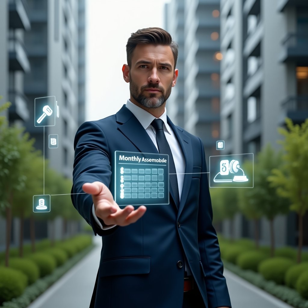 Ultra-realistic condominium manager in a tailored navy suit, set in a modern luxury condominium environment with high-rise buildings and lush green landscaping, interacting with a holographic monthly maintenance and assembly schedule, floating icons of a wrench, meeting gavel and financial chart surrounding them, confident and focused expression, cinematic lighting, shallow depth of field, highly detailed textures, realistic skin, photographic realism, 8k resolution --ar 1:1 --v 6