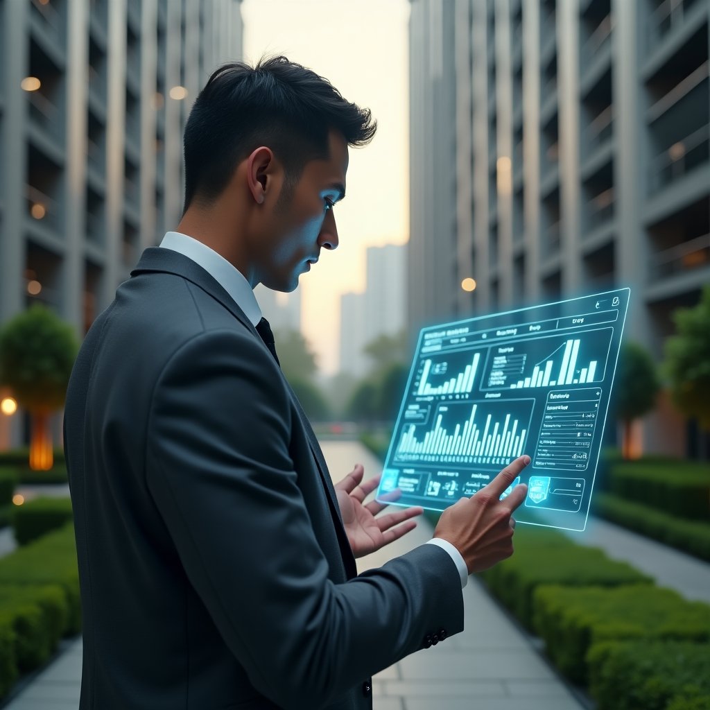 Ultra-realistic condominium manager in a charcoal gray tailored suit, set in a modern luxury condominium environment with high-rise buildings and manicured green landscaping, analyzing a holographic financial dashboard displaying budget charts and expense breakdowns, small floating currency icons around the display, confident and focused expression, cinematic lighting, shallow depth of field, highly detailed textures, realistic skin, photographic realism, 8k resolution --ar 1:1 --v 6
