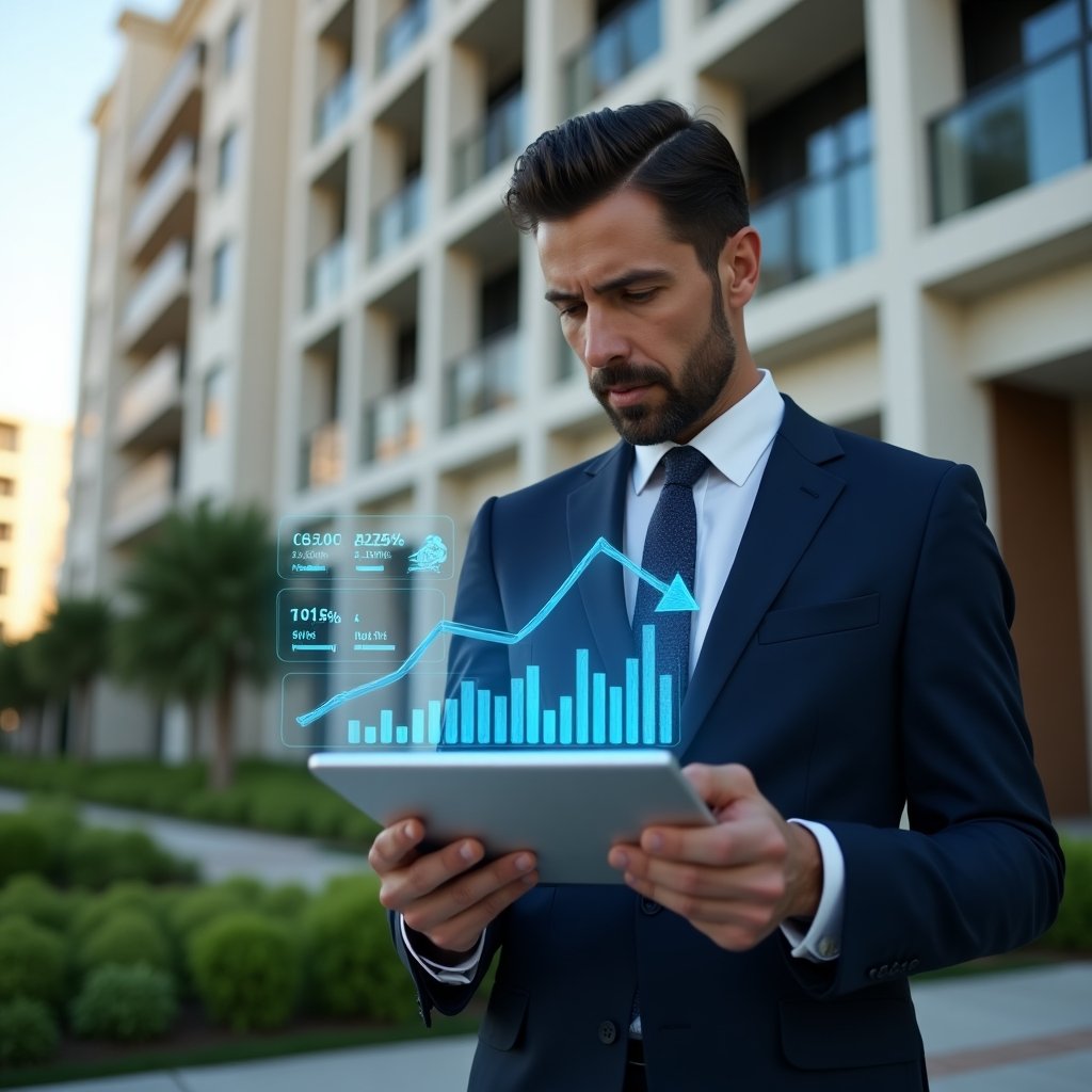 (Ultra-realistic condominium manager in a tailored navy suit, set in a modern luxury condominium environment with high-rise buildings and manicured green landscaping, reviewing a tablet displaying holographic financial charts and budgeting icons, confident and focused expression, holographic downward trend arrow symbolizing expense reduction, cinematic lighting, shallow depth of field, highly detailed textures, realistic skin, photographic realism, 8k resolution --ar 1:1 --v 6)