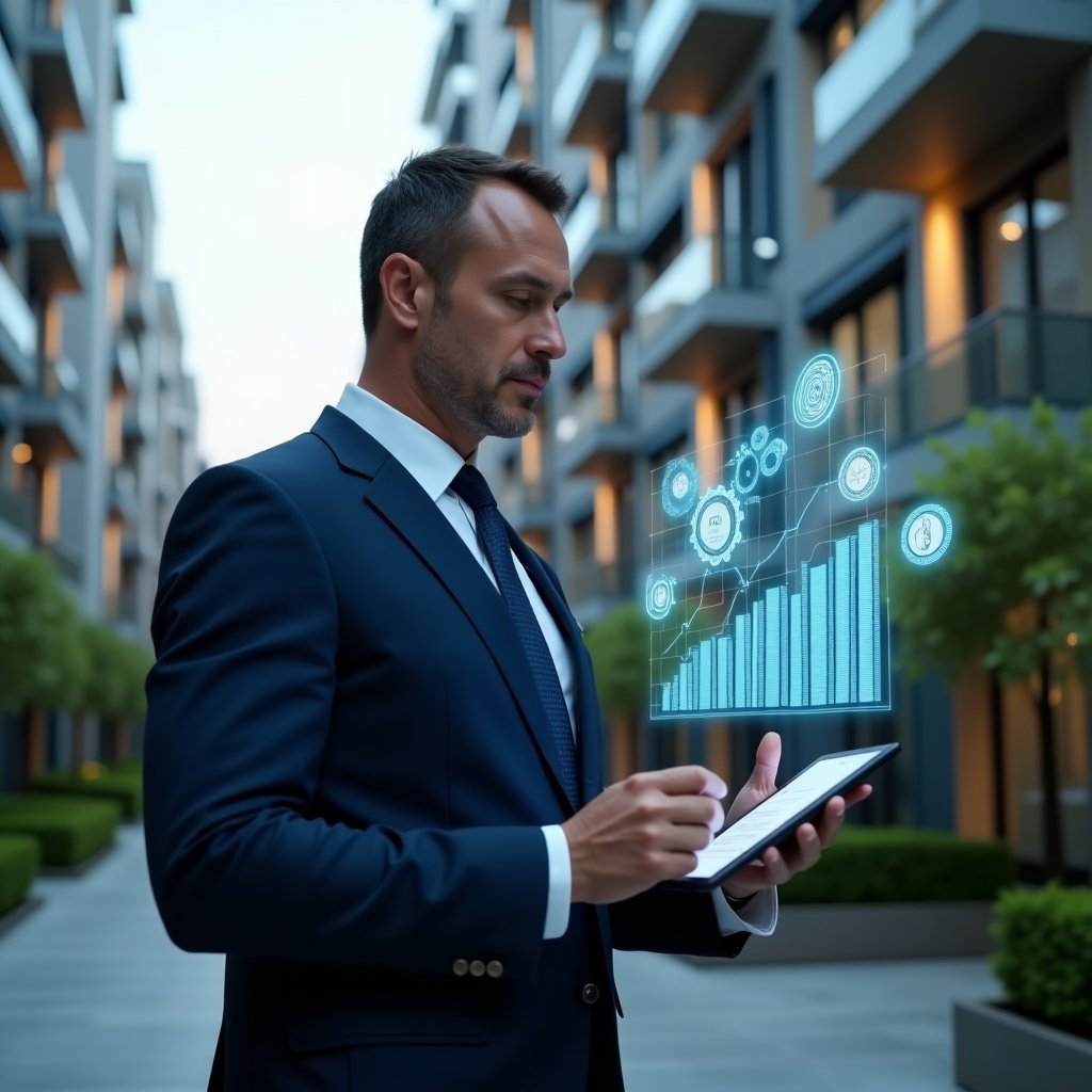 (Ultra-realistic condominium property manager in a navy blue executive suit, set in a modern luxury condominium environment with high-rise buildings and manicured green landscaping, examining a holographic budget chart projected from a digital tablet in hand, confident and focused expression, glowing icons of gears and coins floating around to symbolize cost control and planning, cinematic lighting, shallow depth of field, highly detailed textures, realistic skin, photographic realism, 8k resolution --ar 1:1 --v 6)