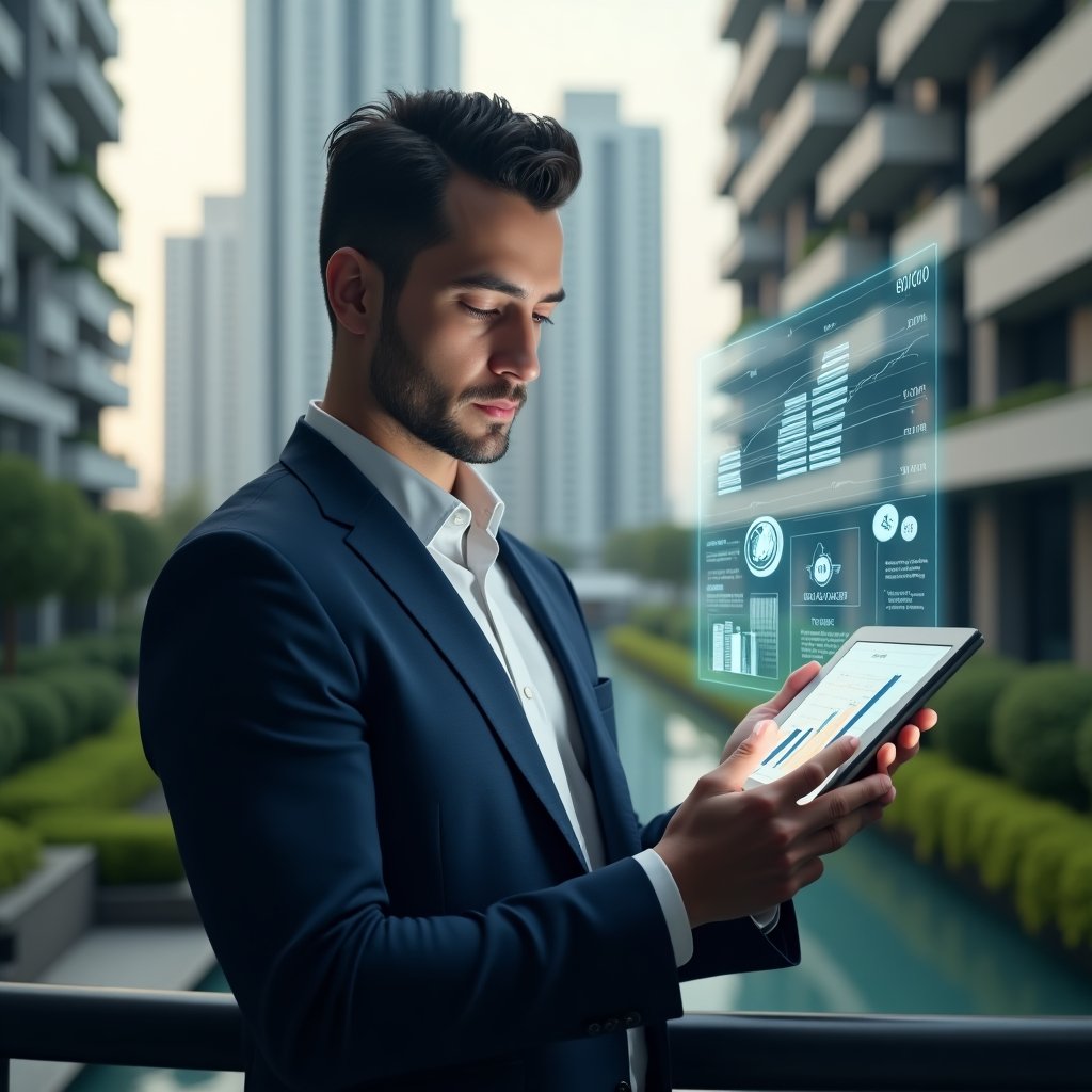 (Ultra-realistic condominium manager in a tailored navy suit, set in a modern luxury condominium environment with high-rise buildings and meticulously landscaped gardens, reviewing a holographic budget chart projected from a tablet, surrounded by floating icons of coins and tools symbolizing cost savings, confident and thoughtful expression, cinematic lighting, shallow depth of field, highly detailed textures, realistic skin, photographic realism, 8k resolution --ar 1:1 --v 6)