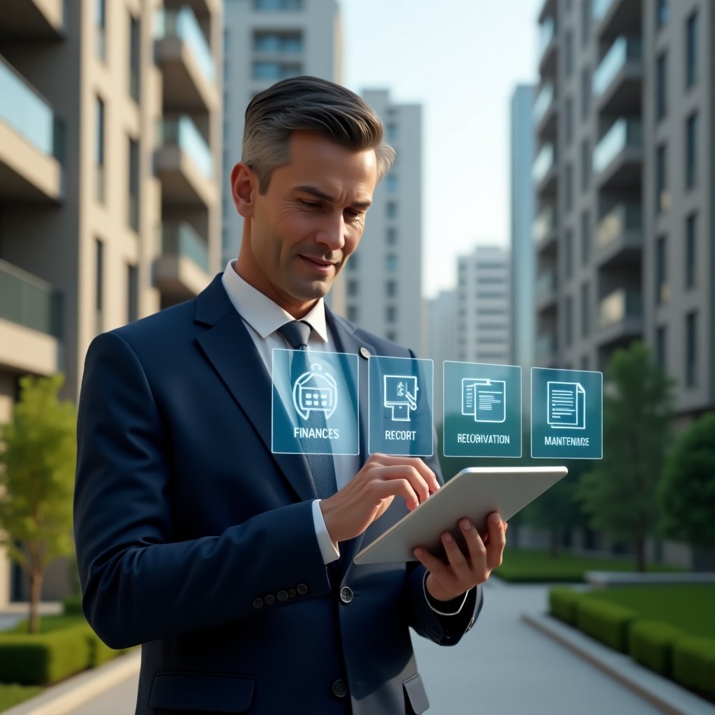 Ultra-realistic condominium manager in a tailored navy suit, set in a modern luxury condominium environment with high-rise buildings and manicured green landscaping, confidently interacting with a holographic tablet interface displaying icons for finances, calendar reservations, maintenance chat and document management, cinematic lighting, shallow depth of field, highly detailed textures, realistic skin, photographic realism, 8k resolution --ar 1:1 --v 6