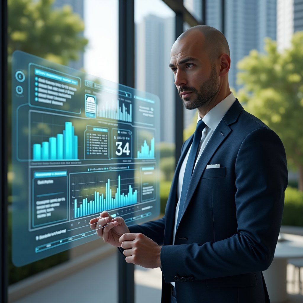 (Ultra-realistic condominium manager in a tailored navy suit, set in a modern luxury condominium environment with high-rise buildings and manicured greenery, interacting with a holographic dashboard displaying financial graphs, chat bubbles, security camera icons and booking calendar, confident and focused expression, cinematic lighting, shallow depth of field, highly detailed textures, realistic skin, photographic realism, 8k resolution --ar 1:1 --v 6)