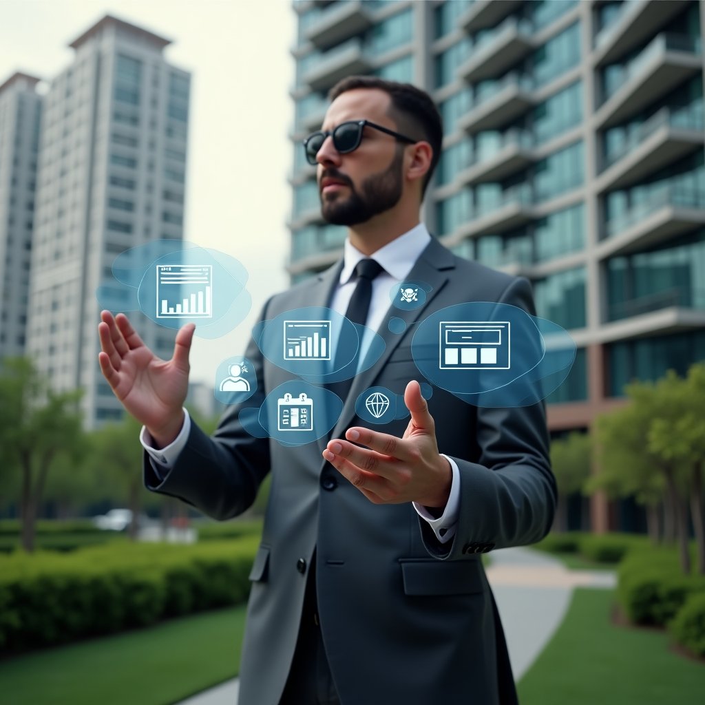 (Ultra-realistic condominium manager in a charcoal gray executive suit, set in a modern luxury condominium environment with high-rise buildings and lush green landscaping, confidently interacting with a floating holographic interface displaying icons for financial charts, reservation calendars, chat bubbles and visitor logs, futuristic translucent UI elements around their hands, cinematic lighting, shallow depth of field, highly detailed textures, realistic skin, photographic realism, 8k resolution --ar 1:1 --v 6)