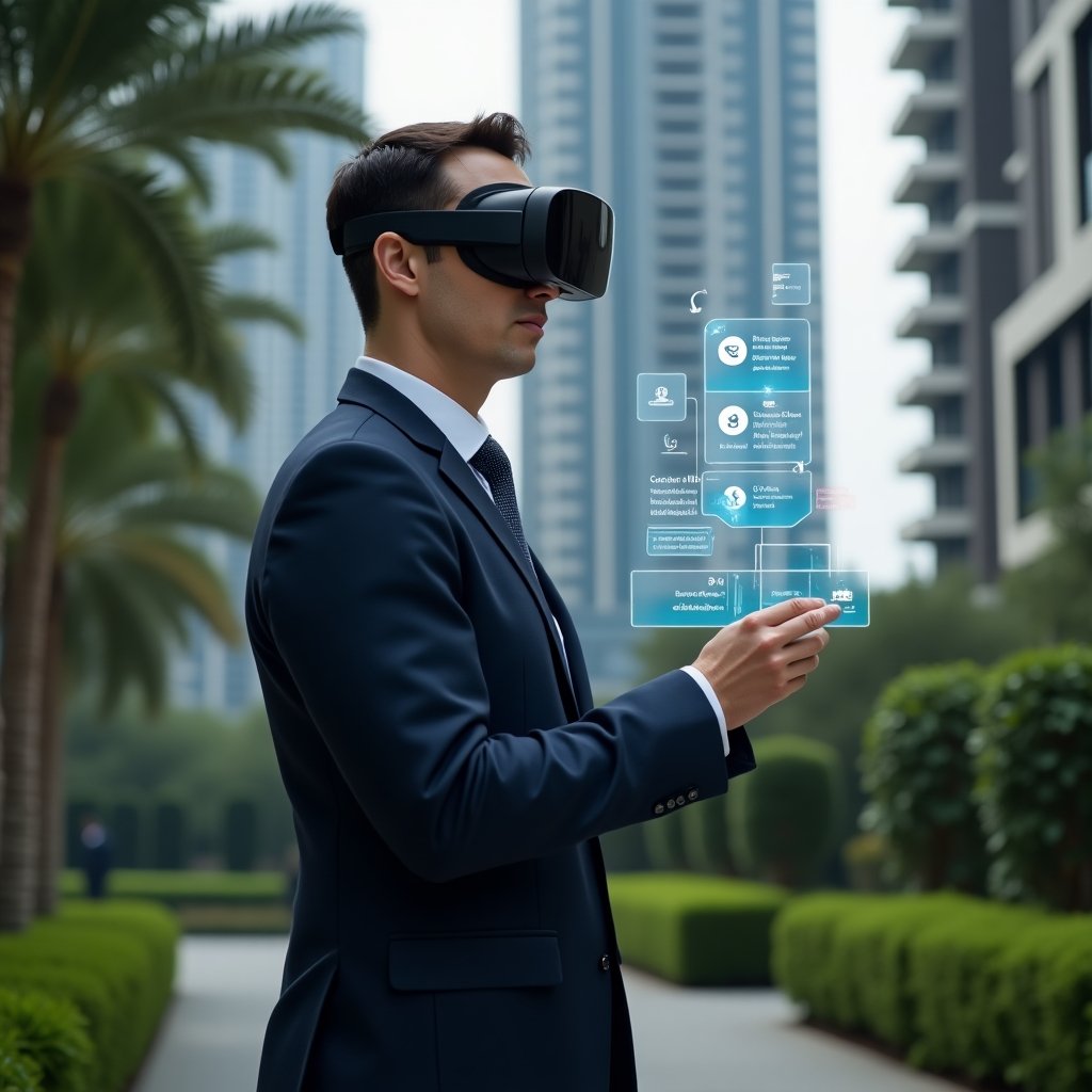Ultra-realistic condominium manager in a navy suit, set in a modern luxury condominium environment with high-rise buildings and manicured green gardens, standing in a medium shot, confidently interacting with a holographic interface displaying icons for messaging, financial charts, calendar reservations, and voting polls, cinematic lighting, shallow depth of field, highly detailed textures, realistic skin, photographic realism, 8k resolution --ar 1:1 --v 6