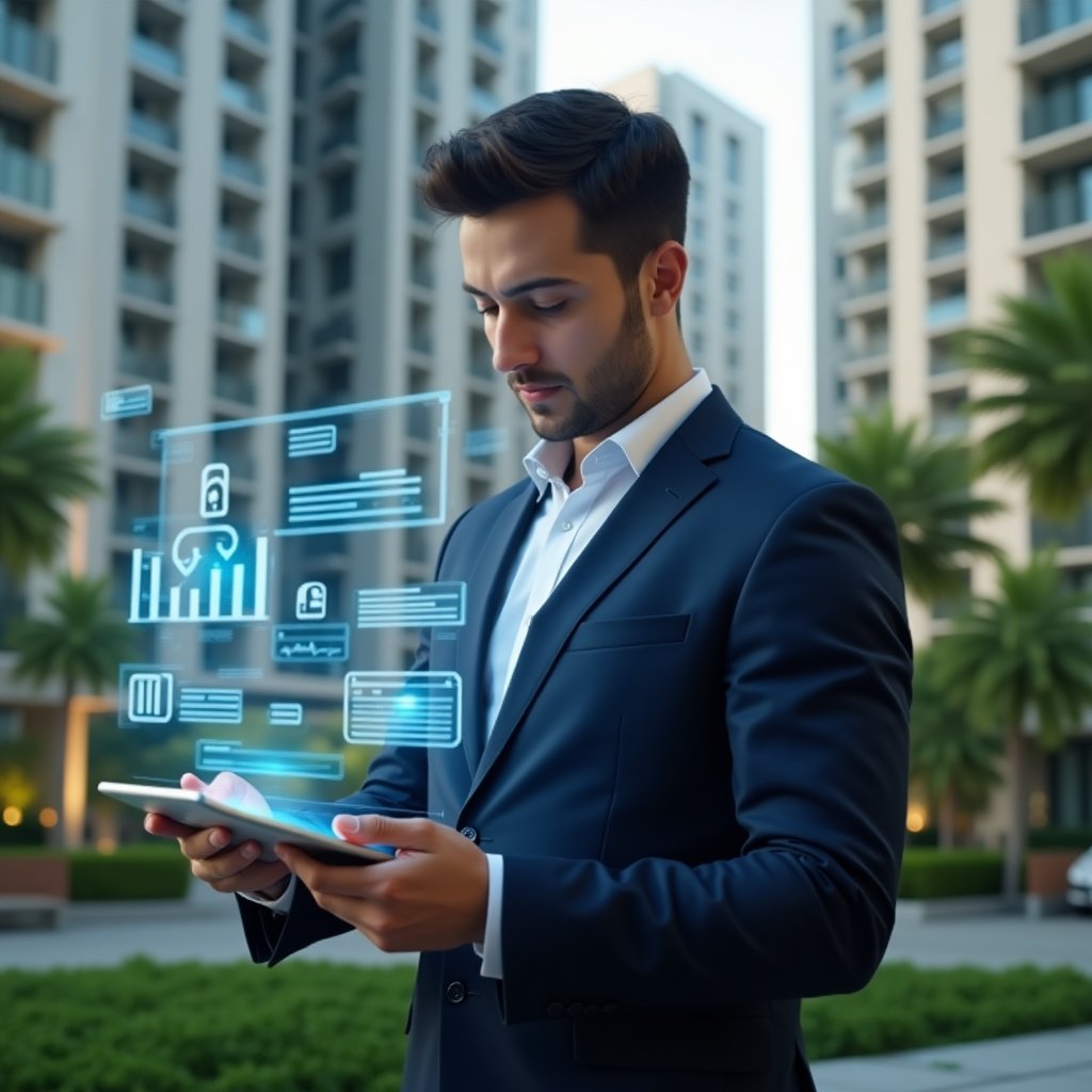 Ultra-realistic condominium manager in a tailored dark blue suit, set in a modern luxury condominium environment with high-rise buildings and lush green landscaping, holding a transparent tablet displaying holographic icons for area bookings, financial charts and chat bubbles, confidently analyzing the digital interface, cinematic lighting, shallow depth of field, highly detailed textures, realistic skin, photographic realism, 8k resolution --ar 1:1 --v 6