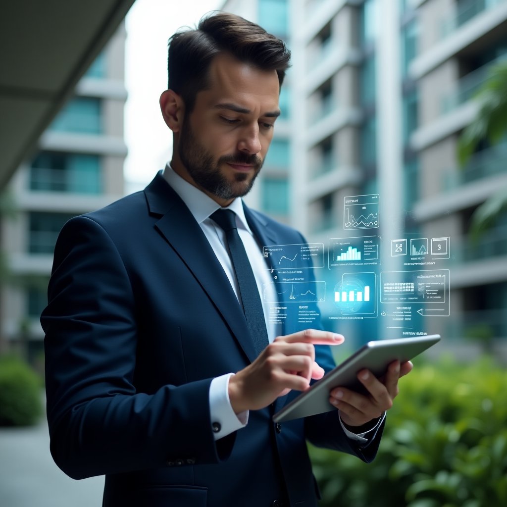 (Ultra-realistic condominium manager in a navy executive suit, set in a modern luxury condominium environment with high-rise buildings and green landscaping, holding a tablet displaying holographic icons of financial charts, reservation calendars and notification alerts, confidently analyzing the data, futuristic app interface elements floating beside them, cinematic lighting, shallow depth of field, highly detailed textures, realistic skin, photographic realism, 8k resolution --ar 1:1 --v 6)