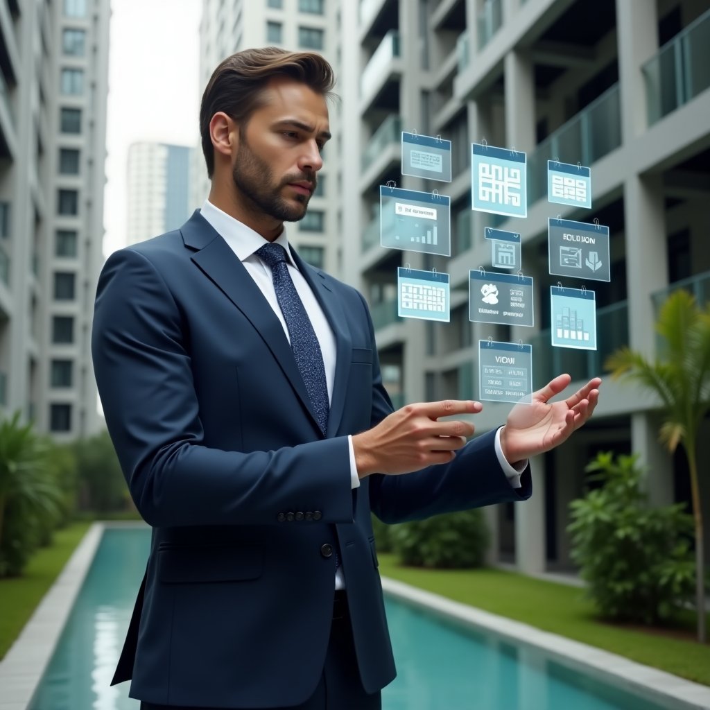 Ultra-realistic condominium manager in a tailored navy suit, set in a modern luxury condominium environment with high-rise buildings and manicured green landscaping, confidently reviewing holographic icons of finance charts, reservation calendars and chat bubbles floating before him, cinematic lighting, shallow depth of field, highly detailed textures, realistic skin, photographic realism, 8k resolution --ar 1:1 --v 6