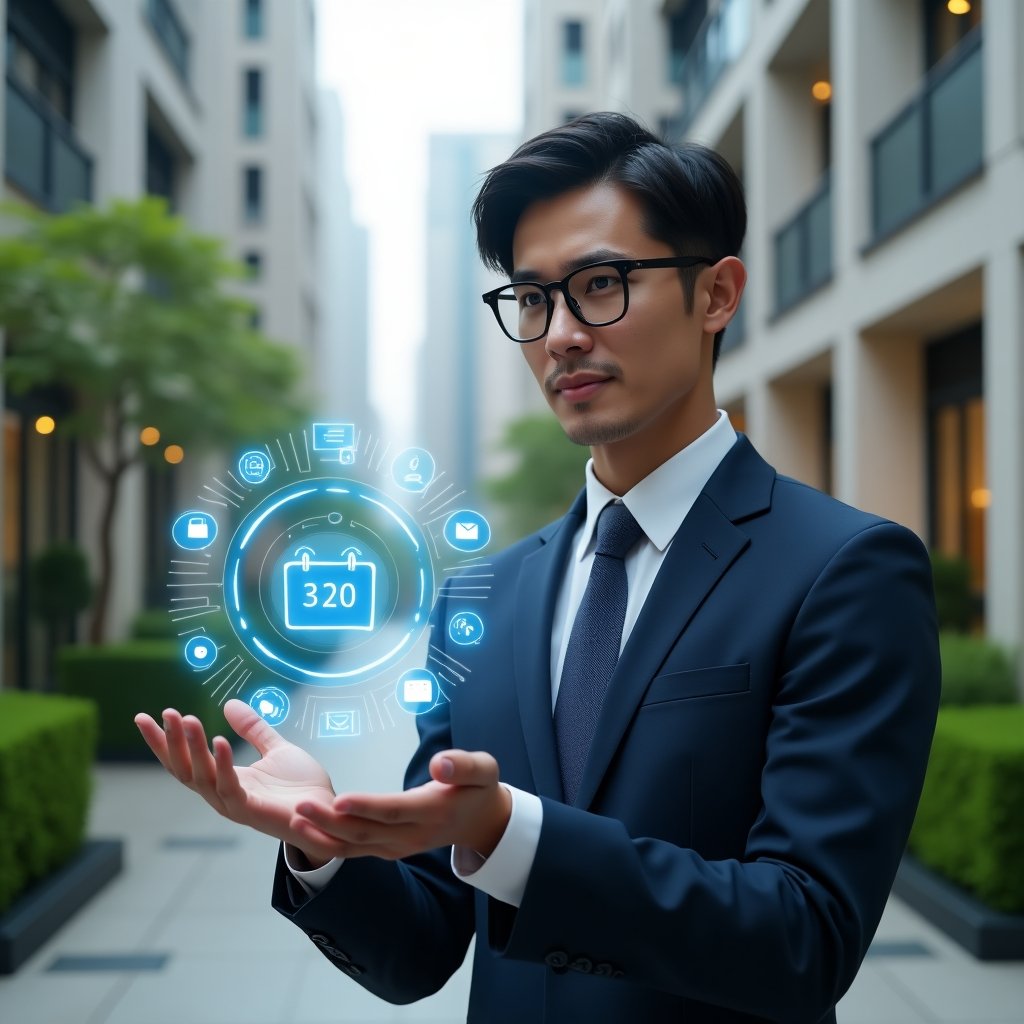 (Ultra-realistic condominium manager in a navy executive suit, set in a modern luxury condominium environment with high-rise buildings and manicured green landscaping, holding and interacting with a floating holographic interface displaying billing, reservation calendar, chat and security icons, confident and focused expression, cinematic lighting, shallow depth of field, highly detailed textures, realistic skin, photographic realism, 8k resolution --ar 1:1 --v 6)
