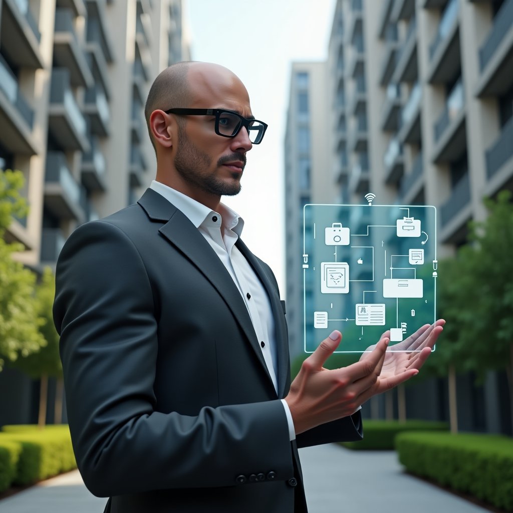 (Ultra-realistic condominium manager in a charcoal gray executive suit, set in a modern luxury condominium environment with high-rise buildings and meticulously landscaped greenery, interacting confidently with a floating holographic interface displaying icons for reservations, finance charts, chat bubbles and maintenance tickets, cinematic lighting, shallow depth of field, highly detailed textures, realistic skin, photographic realism, 8k resolution --ar 1:1 --v 6)