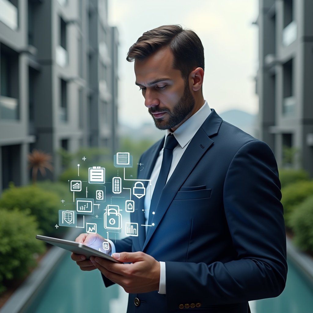 (Ultra-realistic condo manager in a tailored navy suit, set in a modern luxury condominium environment with high-rise buildings and manicured gardens, holding a tablet displaying floating holographic icons of calendar scheduling, financial graphs, chat bubbles and security locks, confidently analyzing the interface, cinematic lighting, shallow depth of field, highly detailed textures, realistic skin, photographic realism, 8k resolution --ar 1:1 --v 6)