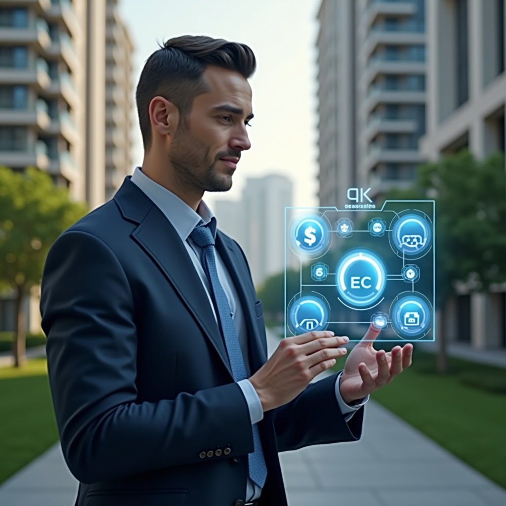 (Ultra-realistic condominium manager in a navy blue executive suit, set in a modern luxury condominium environment with high-rise buildings and manicured green landscaping, interacting with a holographic interface displaying billing icons, reservation calendar and chat bubbles, confident and focused expression, cinematic lighting, shallow depth of field, highly detailed textures, realistic skin, photographic realism, 8k resolution --ar 1:1 --v 6)