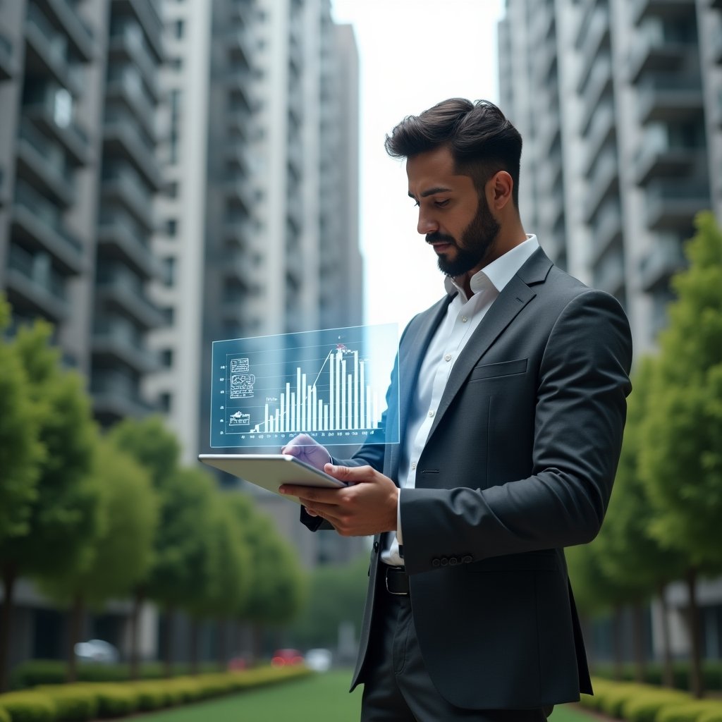 Ultra-realistic condominium manager in a charcoal gray suit, set in a modern luxury condominium environment with high-rise buildings and meticulously landscaped greenery, holding a digital tablet displaying a budget reduction graph while thoughtfully analyzing data, a holographic chart of cost-cutting strategies floating beside them, confident and analytical expression, cinematic lighting, shallow depth of field, highly detailed textures, realistic skin, photographic realism, 8k resolution --ar 1:1 --v 6