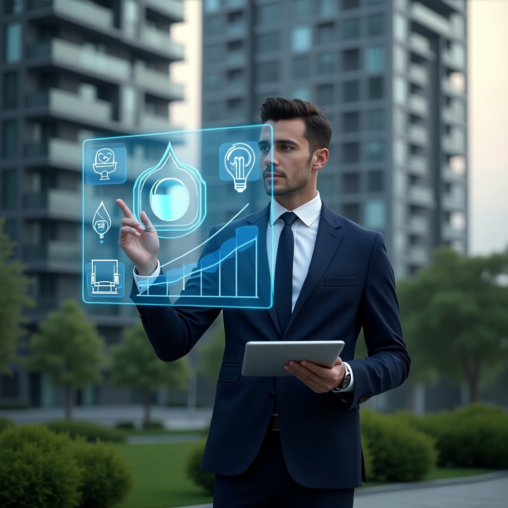 Ultra-realistic condominium manager in a navy executive suit, set in a modern luxury condominium environment with high-rise buildings and green landscaping, standing in a medium shot while confidently pointing at a holographic interface displaying icons of water droplets, lightbulbs, and cleaning tools alongside downward-trending cost graphs, with a sleek tablet in hand symbolizing technological solutions, cinematic lighting, shallow depth of field, highly detailed textures, realistic skin, photographic realism, 8k resolution --ar 1:1 --v 6