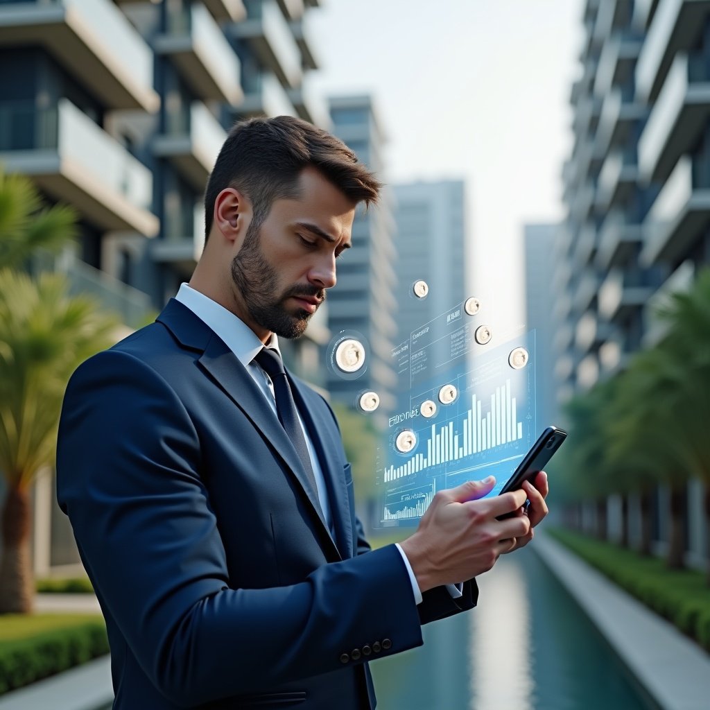 (Ultra-realistic property manager in a navy blue suit, set in a modern luxury condominium environment with high-rise buildings and lush green landscaping, medium shot holding a transparent holographic expense dashboard projected from a smartphone, analyzing financial charts with a confident expression, futuristic holographic icons of coins and bar graphs floating around, cinematic lighting, shallow depth of field, highly detailed textures, realistic skin, photographic realism, 8k resolution --ar 1:1 --v 6)