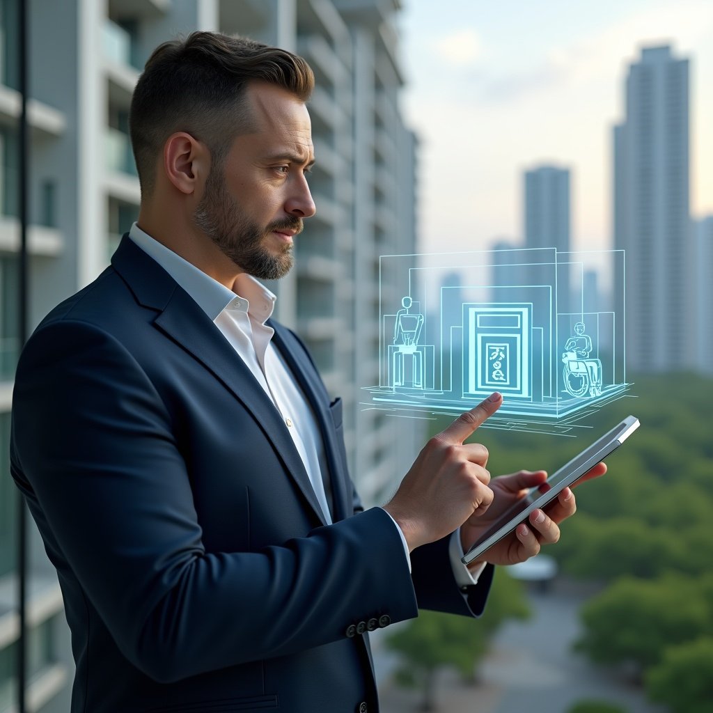 Ultra-realistic condominium manager in a navy executive suit, set in a modern luxury condominium environment with high-rise buildings and meticulously landscaped greenery, holding a tablet and pointing thoughtfully at a holographic ramp and elevator icons floating beside them to illustrate accessibility solutions, confident expression, cinematic lighting, shallow depth of field, highly detailed textures, realistic skin, photographic realism, 8k resolution --ar 1:1 --v 6