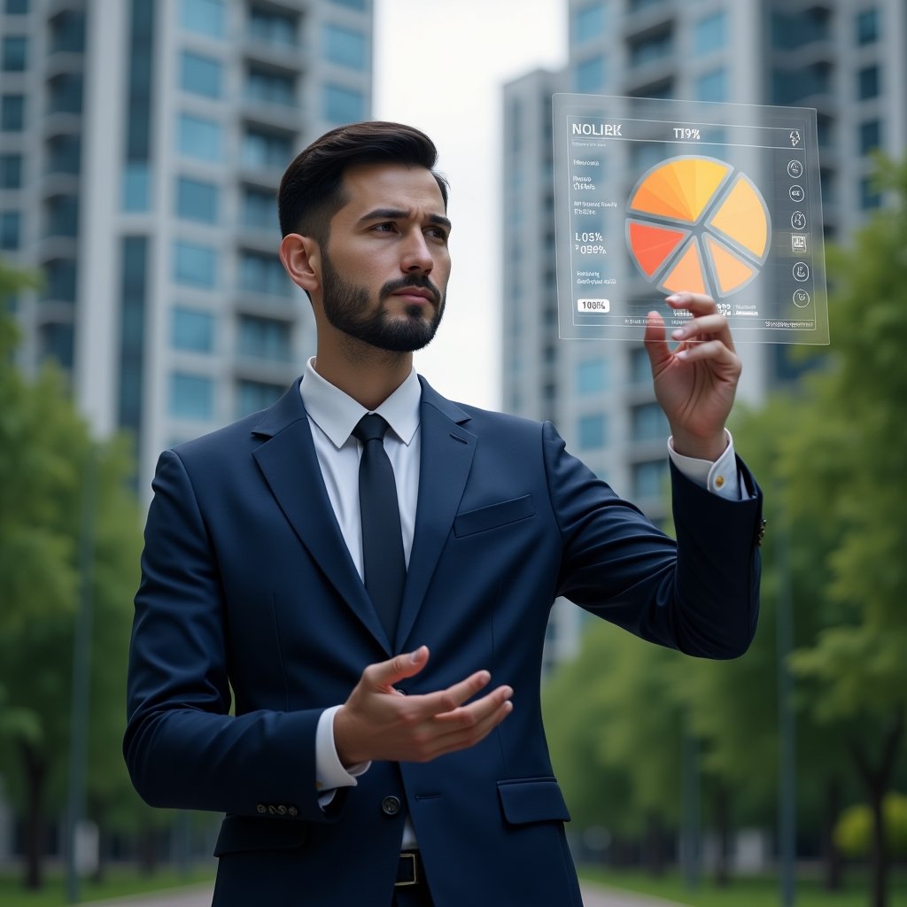 (Ultra-realistic condominium manager in a navy suit, set in a modern luxury condominium environment with high-rise buildings and lush green landscaping, analyzing a holographic pie chart representing fraction ideal percentages with a confident, thoughtful expression, futuristic holographic interface displaying rateio data and cost allocation icons, cinematic lighting, shallow depth of field, highly detailed textures, realistic skin, photographic realism, 8k resolution --ar 1:1 --v 6)