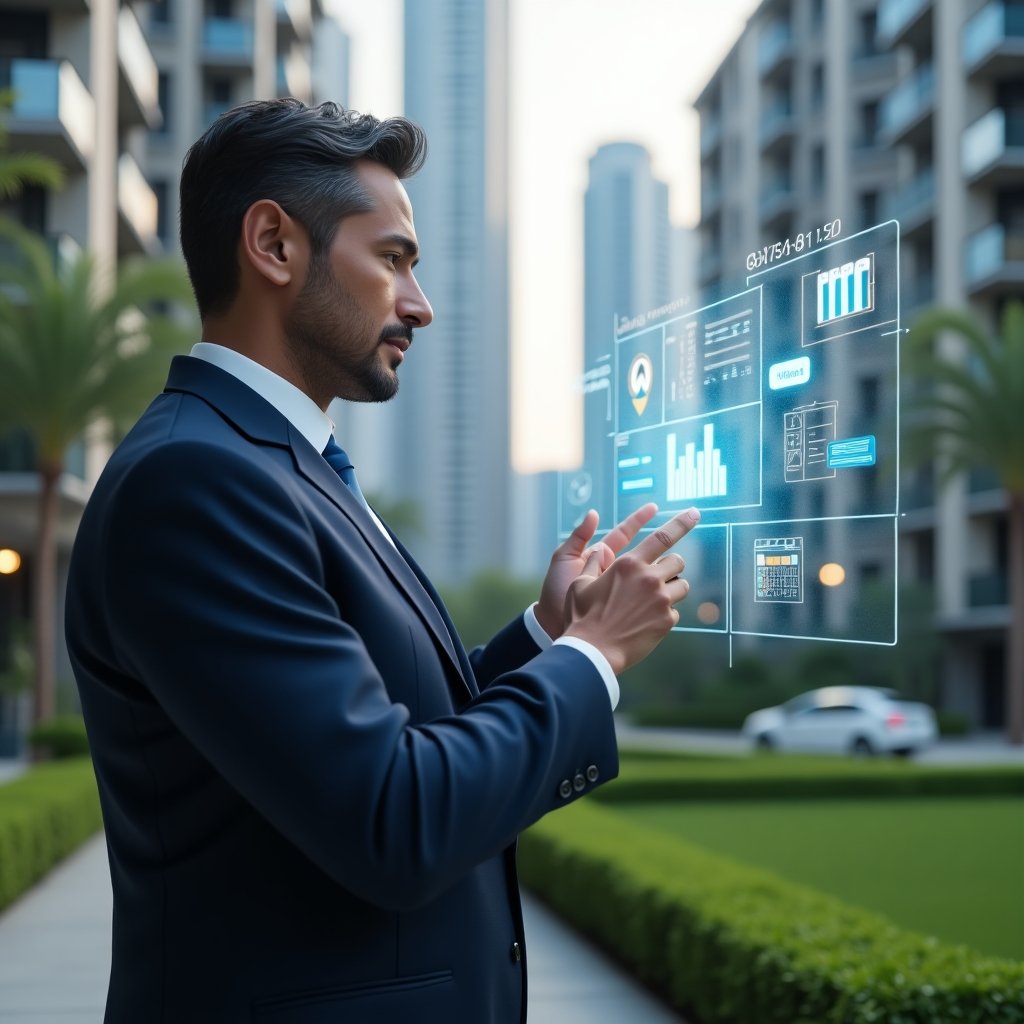(Ultra-realistic condominium manager in a tailored navy suit, set in a modern luxury condominium environment with high-rise buildings and manicured green landscaping, confidently interacting with a semi-transparent holographic interface displaying chat bubbles, financial charts and calendar reminders symbolizing an aplicativo para condomínio, cinematic lighting, shallow depth of field, highly detailed textures, realistic skin, photographic realism, 8k resolution --ar 1:1 --v 6)