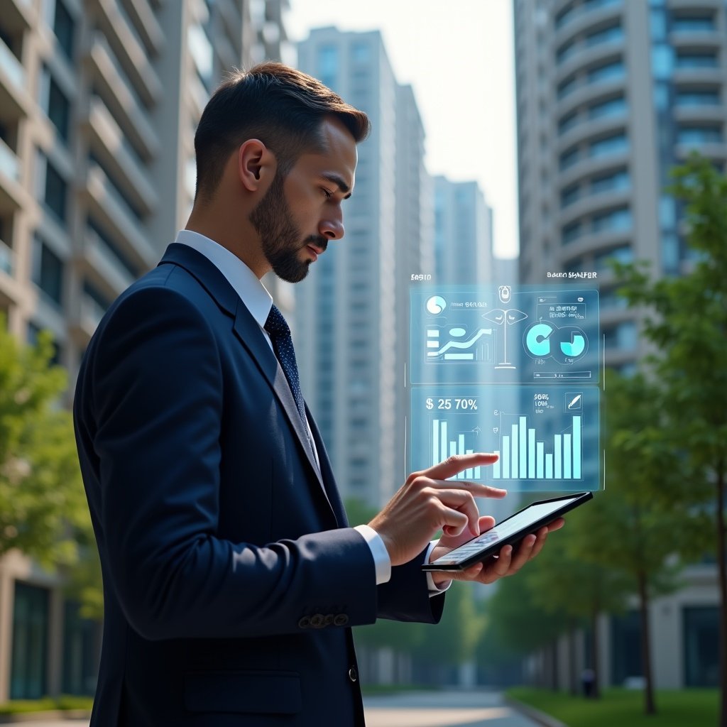 Ultra-realistic condominium manager in a navy blue suit, set in a modern luxury condominium environment with high-rise buildings and meticulously landscaped greenery, holding a tablet displaying holographic budget charts and gesturing toward floating financial graphs, with holographic icons of coins, pie charts and piggy bank symbols around them, cinematic lighting, shallow depth of field, highly detailed textures, realistic skin, photographic realism, 8k resolution --ar 1:1 --v 6
