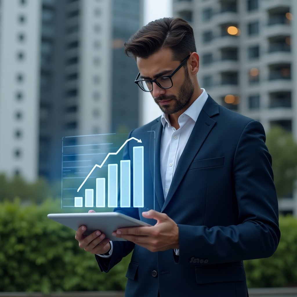 (Ultra-realistic condominium manager in a navy blue suit, set in a modern luxury condominium environment with high-rise buildings and green landscaping, examining a holographic financial chart projected above a tablet, confident and thoughtful expression, glowing bar graph icon symbolizing cost reduction floating beside them, cinematic lighting, shallow depth of field, highly detailed textures, realistic skin, photographic realism, 8k resolution --ar 1:1 --v 6)