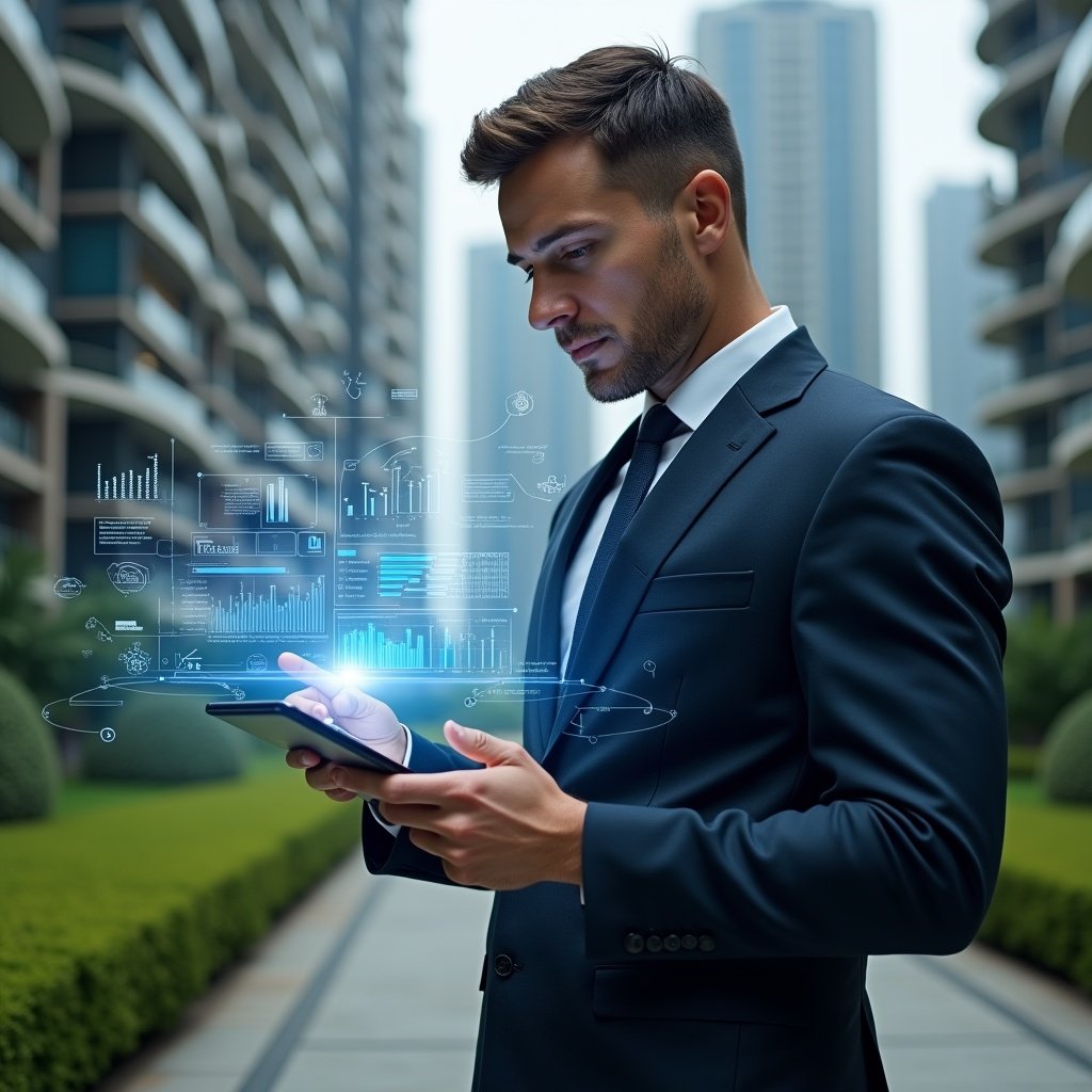 Ultra-realistic condominium manager in a tailored navy suit, set in a modern luxury condominium environment with high-rise buildings and manicured green landscaping, mid-shot of a confident professional analyzing a floating holographic dashboard of financial charts and maintenance schedules on a sleek tablet, digital icons for communication, maintenance and documentation orbiting around, cinematic lighting, shallow depth of field, highly detailed textures, realistic skin, photographic realism, 8k resolution --ar 1:1 --v 6