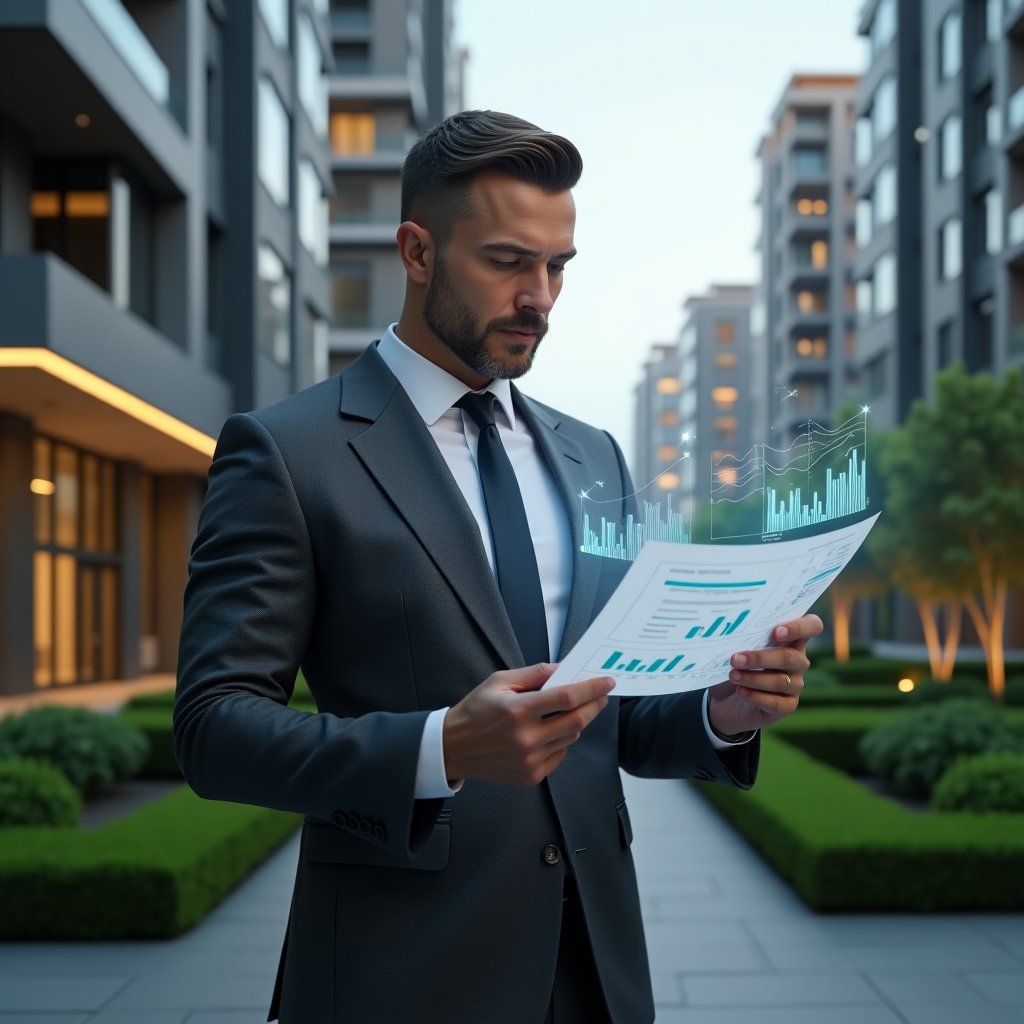 (Ultra-realistic condominium manager in a charcoal gray suit, set in a modern luxury condominium environment with high-rise buildings and manicured green landscaping, examining a holographic financial report with floating charts and graphs, conveying analytical confidence, cinematic lighting, shallow depth of field, highly detailed textures, realistic skin, photographic realism, 8k resolution --ar 1:1 --v 6)