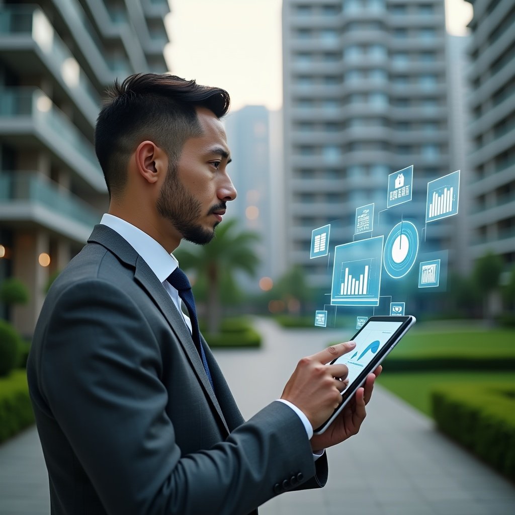 (Ultra-realistic condominium manager in a charcoal gray suit, set in a modern luxury condominium environment with high-rise buildings and well-kept green landscaping, medium shot of a professional analyzing holographic financial charts emerging from a tablet, floating icons of pie charts, spreadsheets and digital ledgers symbolizing transparency and efficiency, confident and focused expression, cinematic lighting, shallow depth of field, highly detailed textures, realistic skin, photographic realism, 8k resolution --ar 1:1 --v 6)