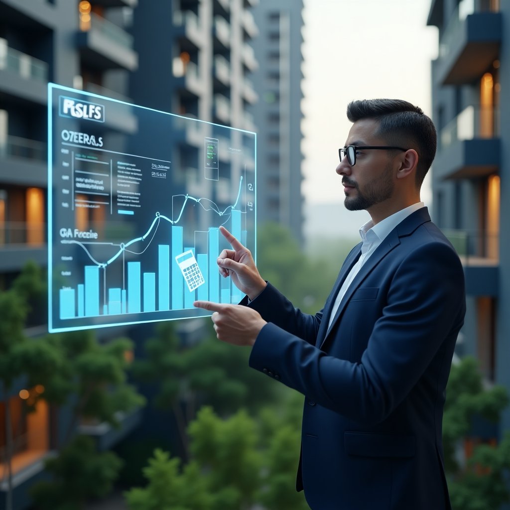 (Ultra-realistic condominium manager in a navy suit, set in a modern luxury condominium environment with high-rise buildings and lush green landscaping, examining a floating holographic financial dashboard with expense charts and graphs, pointing confidently at rising bars, translucent icons of calculator and spreadsheet hovering nearby, cinematic lighting, shallow depth of field, highly detailed textures, realistic skin, photographic realism, 8k resolution --ar 1:1 --v 6)